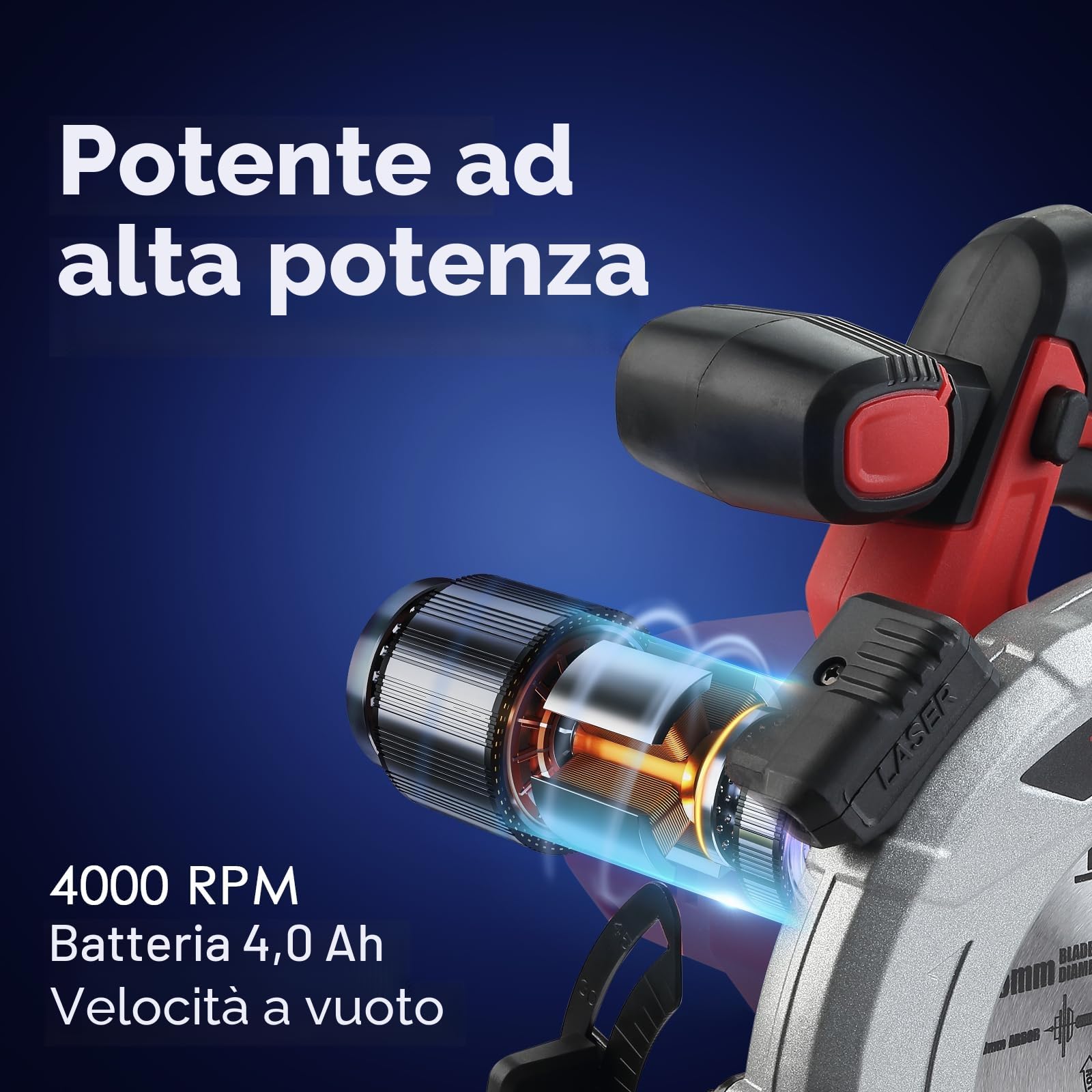 Sega circolare laser a batteria TEENO 4000 giri/min. con freno elettrico, batterie 2X2.0 AH, lame 2X165 mm, profondità di taglio e angolo regolabile fino a 38 mm (45°), 54 mm (90°).