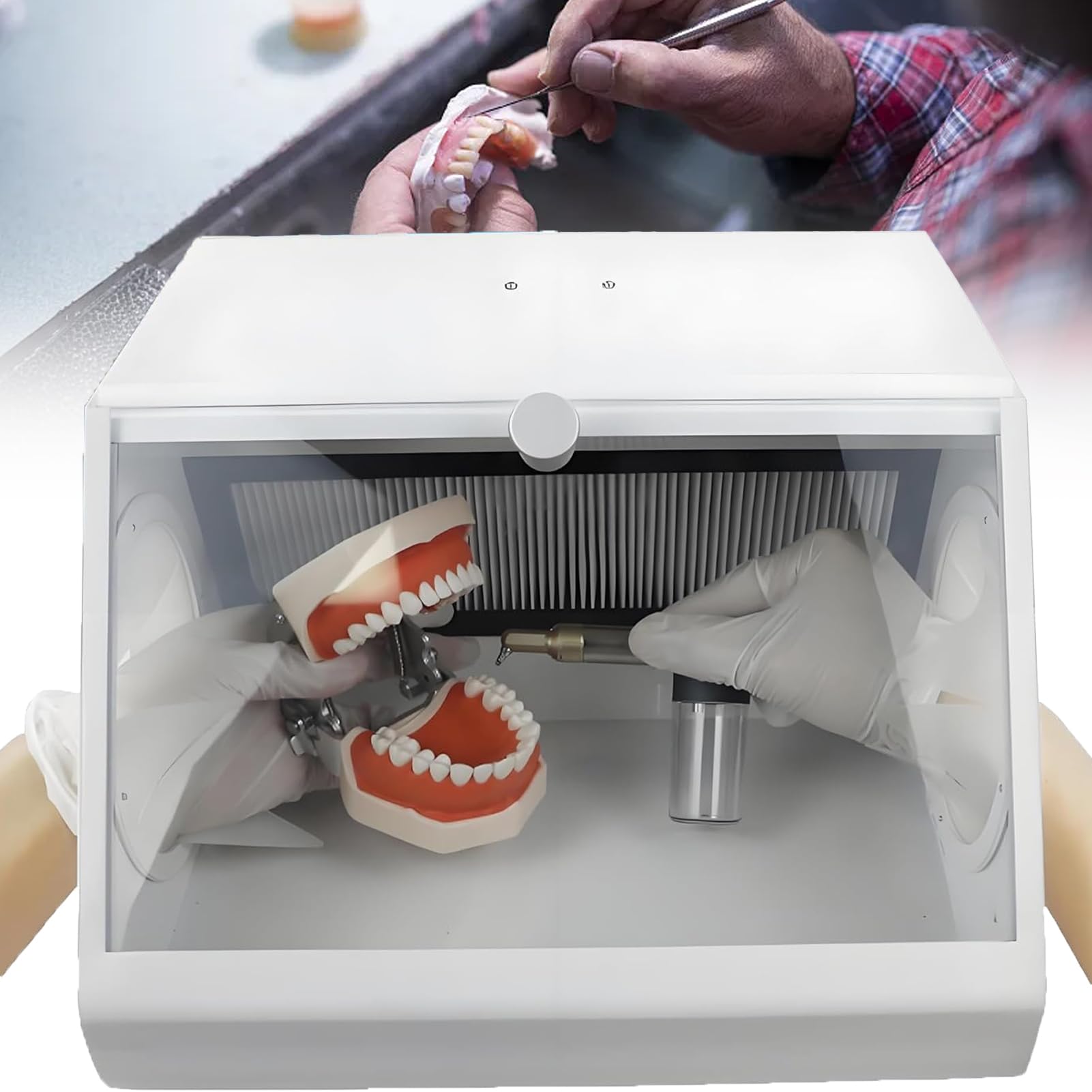 Huachorial Electric Dust Hood Enclosed Vacuum Extractor Box with LED Lamp and Dual Fans, Tempered Glass Window, 2-Stage Filtration, for Sandblasting and Grinding, for in Dental Labs and Workshops
