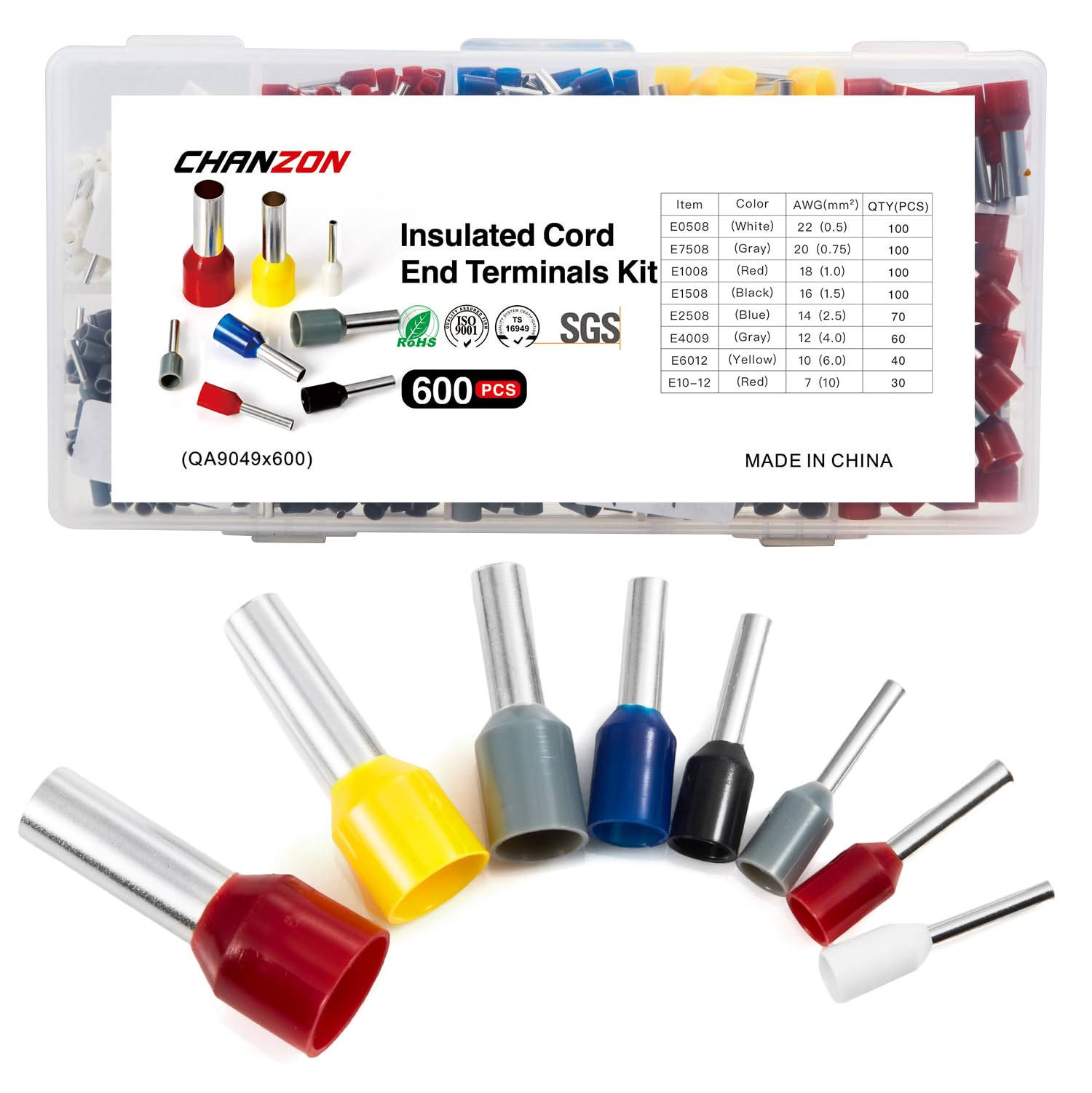 Chanzon 600pcs Wire Ferrule Terminals Kit 7-22AWG E0508 E7508 E1008 E1508 E2508 E4009 E6012 E10-12 Terminal Ends Pure Copper Color Red PP Insulated