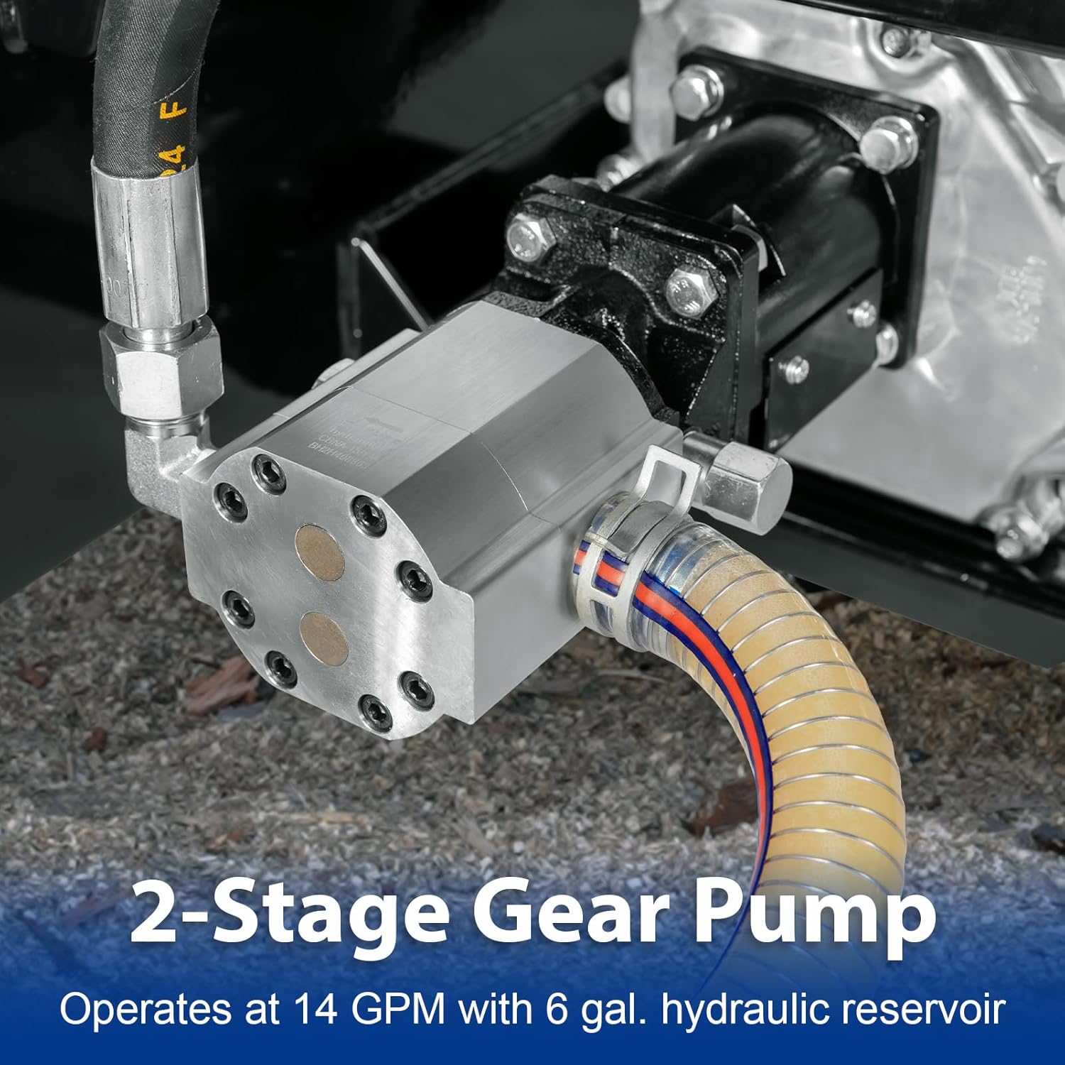 Tampilan dekat dari angka 2tage gear pump on the log splitter.