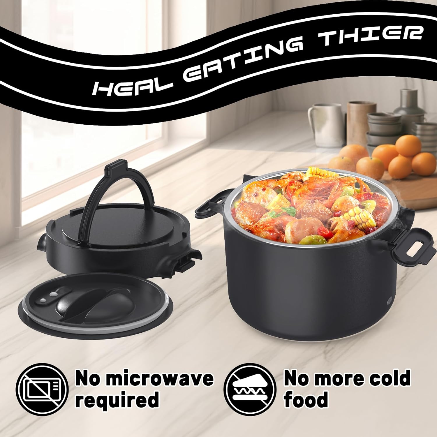 Electric Lunch Box, Portable Food Warmer for Car, Truck, Office, 12V 24V 110V Adapter, Leak Proof, 304 Stainless Steel Container, SS fork & Spoon and Carry Bag (Black)