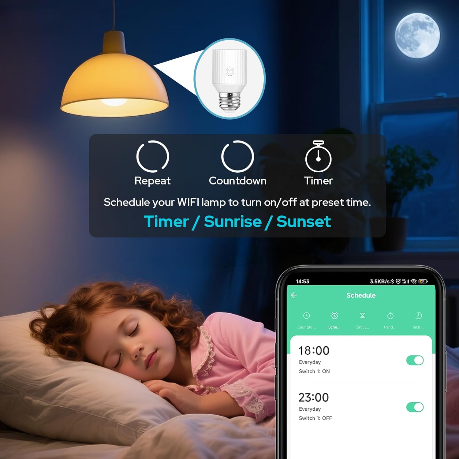 Төшөктө уктап жаткан бала, башкалар мененamp жана акылдуу жарыктын графигин көрсөтүп, таймерди жана кайталоо параметрлерин көрсөткөн смартфон.