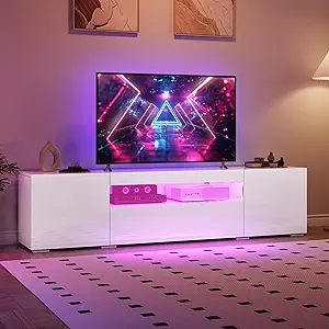 GOOBED TV Stand for 75/70 Inch TV, Modern LED Entertainment Center with Storage, Modern High Glossy Media Console Cabinet for Living Room, White