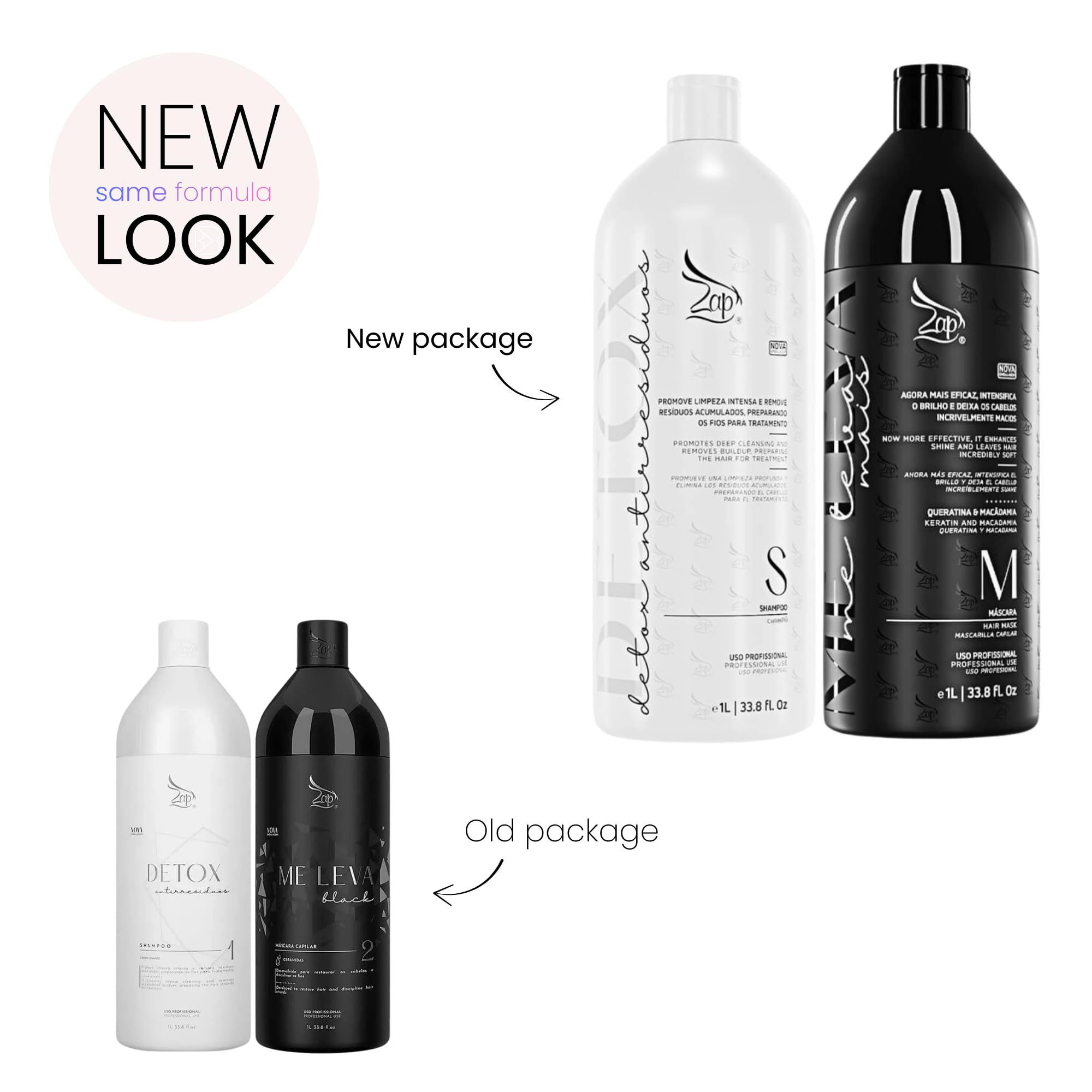 Zap Cosmetics | Kit Me Leva Black & Detox | Tratamiento brasileño de queratina | (2 piezas) 1000 ml