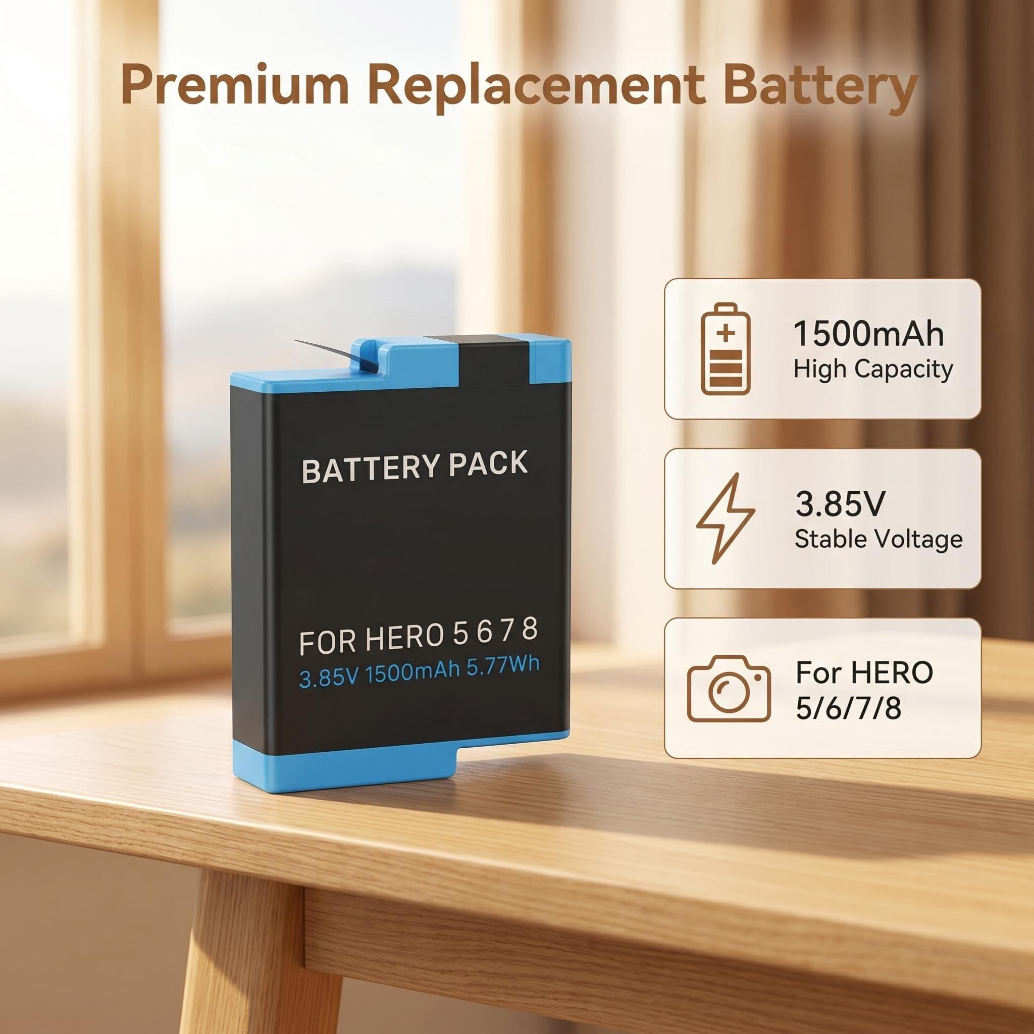 2er-Pack 1500mAh Akku Ersatz für GoPro Hero 5/6/7/8 AABAT-001 AHDBT-501 CS-GDB501MX
