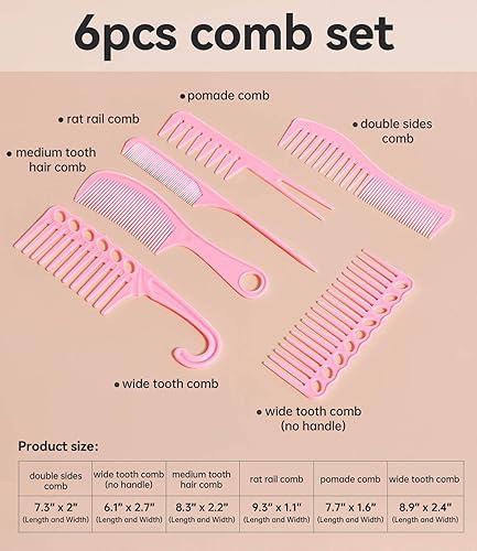 Miniatura 6 de Juego de 6 peines profesionales para el cabello para mujeres y hombres, cola de rata, peines de dientes anchos y finos para cabello rizado,