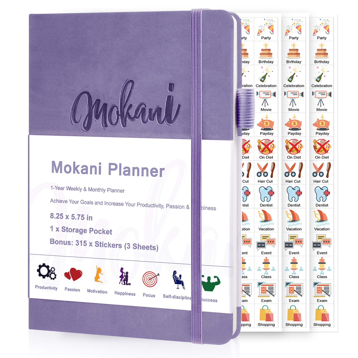 Mokani Planner - Weekly & Monthly Life Planner with Leather Hardcover A5 - 8.27” x 5.83” - Time Management & Hit Your Goal - Organizer Notebook & Journal - Start Any Time + Stickers, Lavender