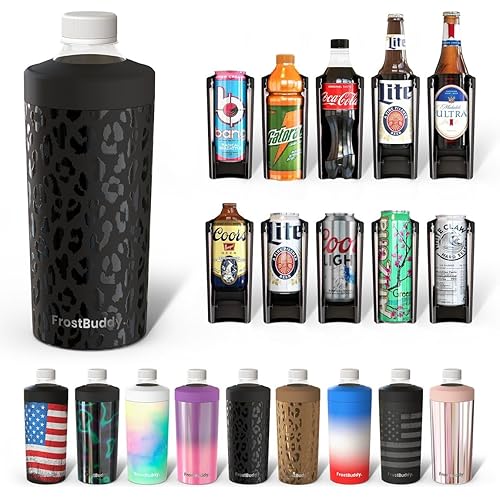 Frost Buddy Universal XL Can Cooler - Fits All - For 12, 16, 20, and 24 ounce Bottles - Insulated Double-Walled Stainless Steel (Blackleopard)