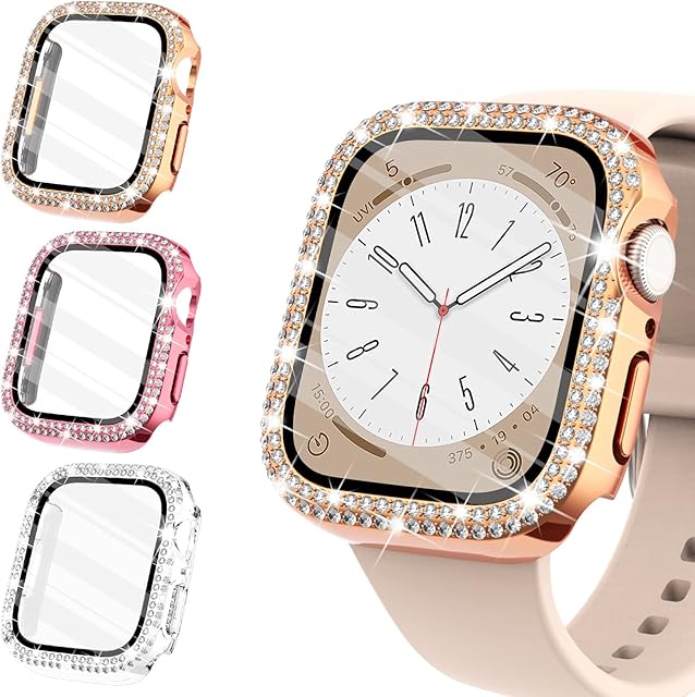 Wingle 3-Pack Compatible for Apple Watch Screen Protector 41mm Series 8 Series 7 Women Shiny Diamond Cover with Tempered Glass Screen Protector for iWatch Case 41mm Series 8 7(Rose Gold, Pink, Clear)