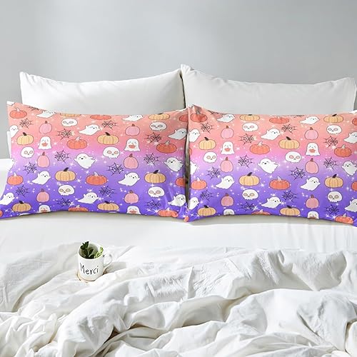 Miniatura 6 de Bonita sábana bajera de fantasma, tamaño individual, para niños, para Halloween, para niñas, niños, caricatura, calabaza, farol, telaraña, calavera,