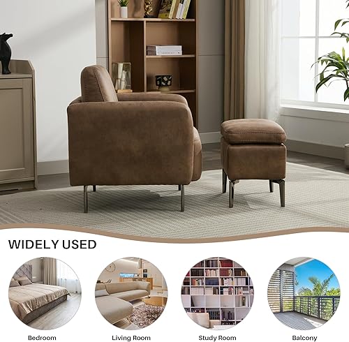 Miniatura 6 de Moderno juego de sillón tapizado de cuero y otomano, moderno de mediados de siglo, sillas individuales cómodas para sala de estar, rincón de lectura