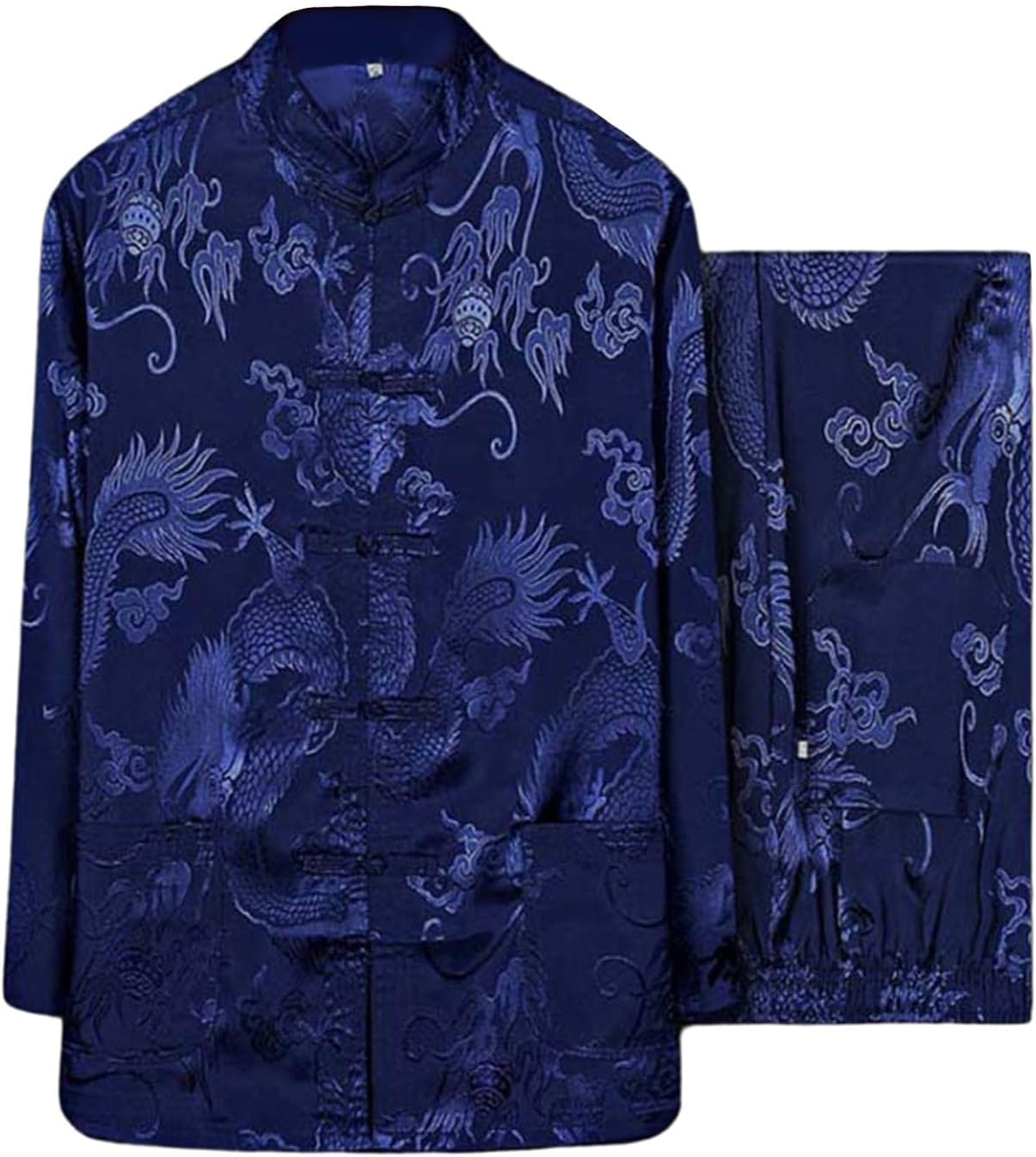 Mens Dragon Print Jacquard Chinese Kung Fu Suit Martial Arts Wing Chun Uniform Shirt Pants Set Tang Costume