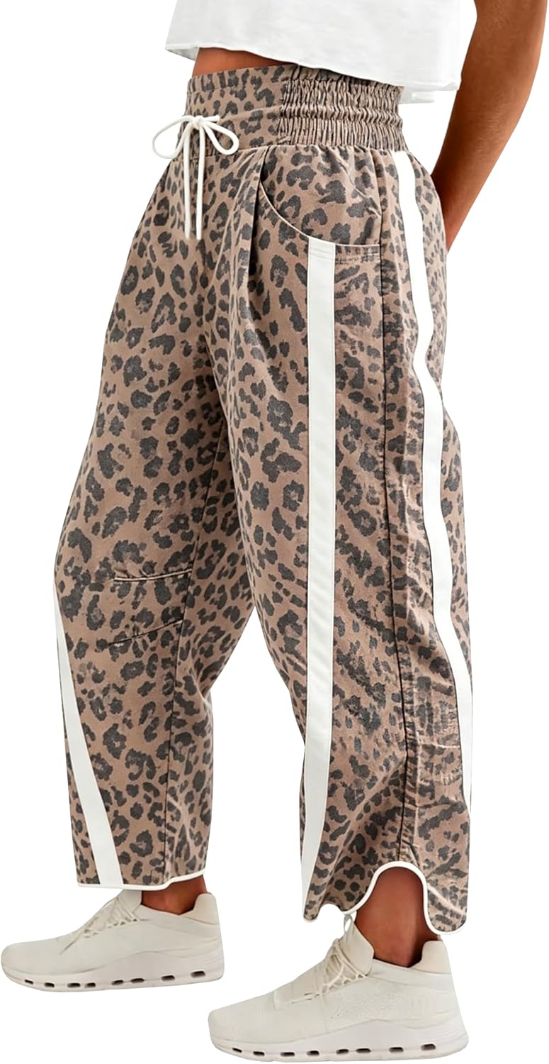 Fisoew Women's Baggy Wide Leg Pants Casual Elastic High Waisted Drawstring Printed Workout Sweatpants