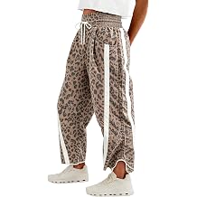 Fisoew Women's Baggy Wide Leg Pants Casual Elastic High Waisted Drawstring Printed Workout Sweatpants Leopard