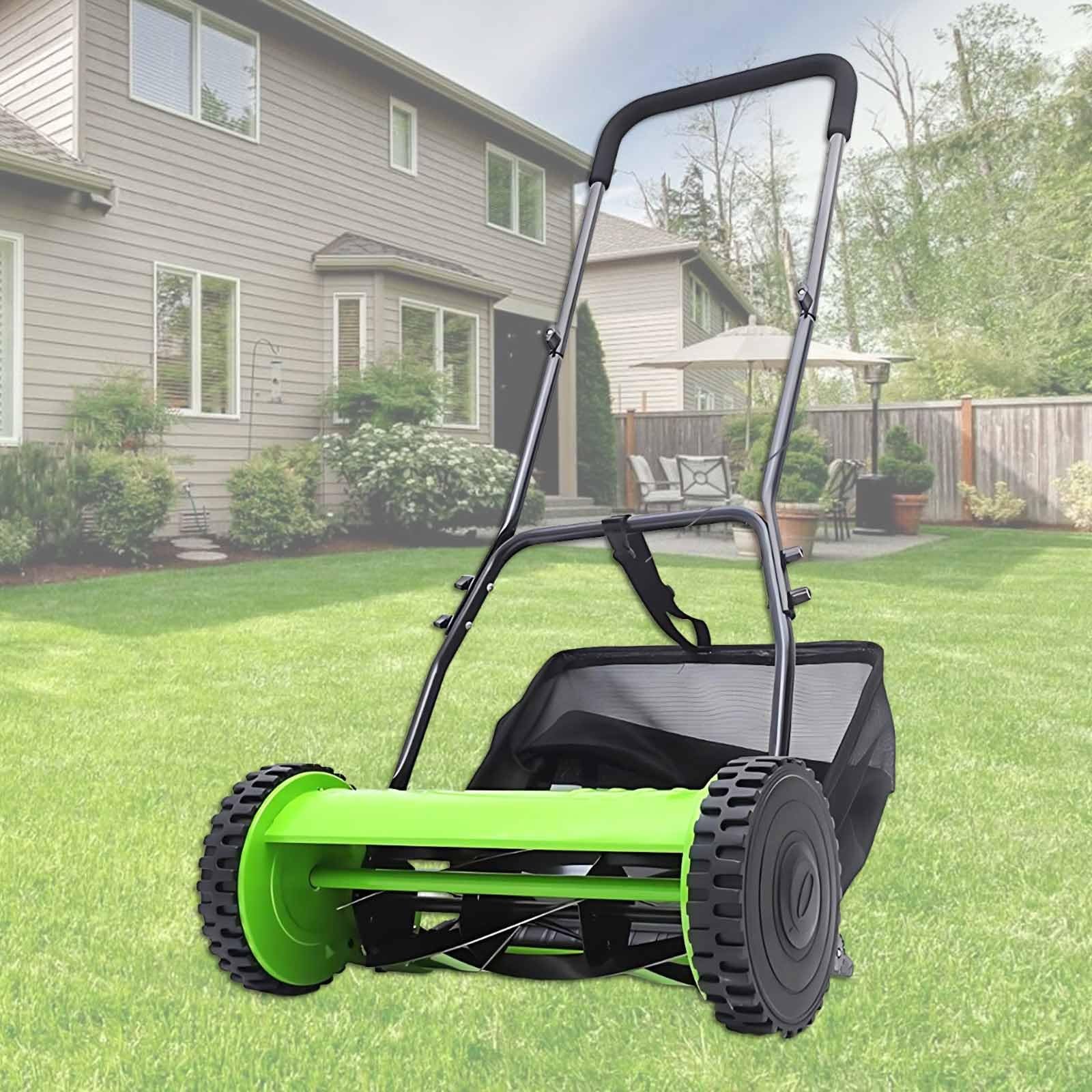 Cortacésped manual con bolsa de recogida de césped, cuchillas de acero al manganeso, altura ajustable de 17 a 33 mm, ideal para jardines pequeños y césped residencial