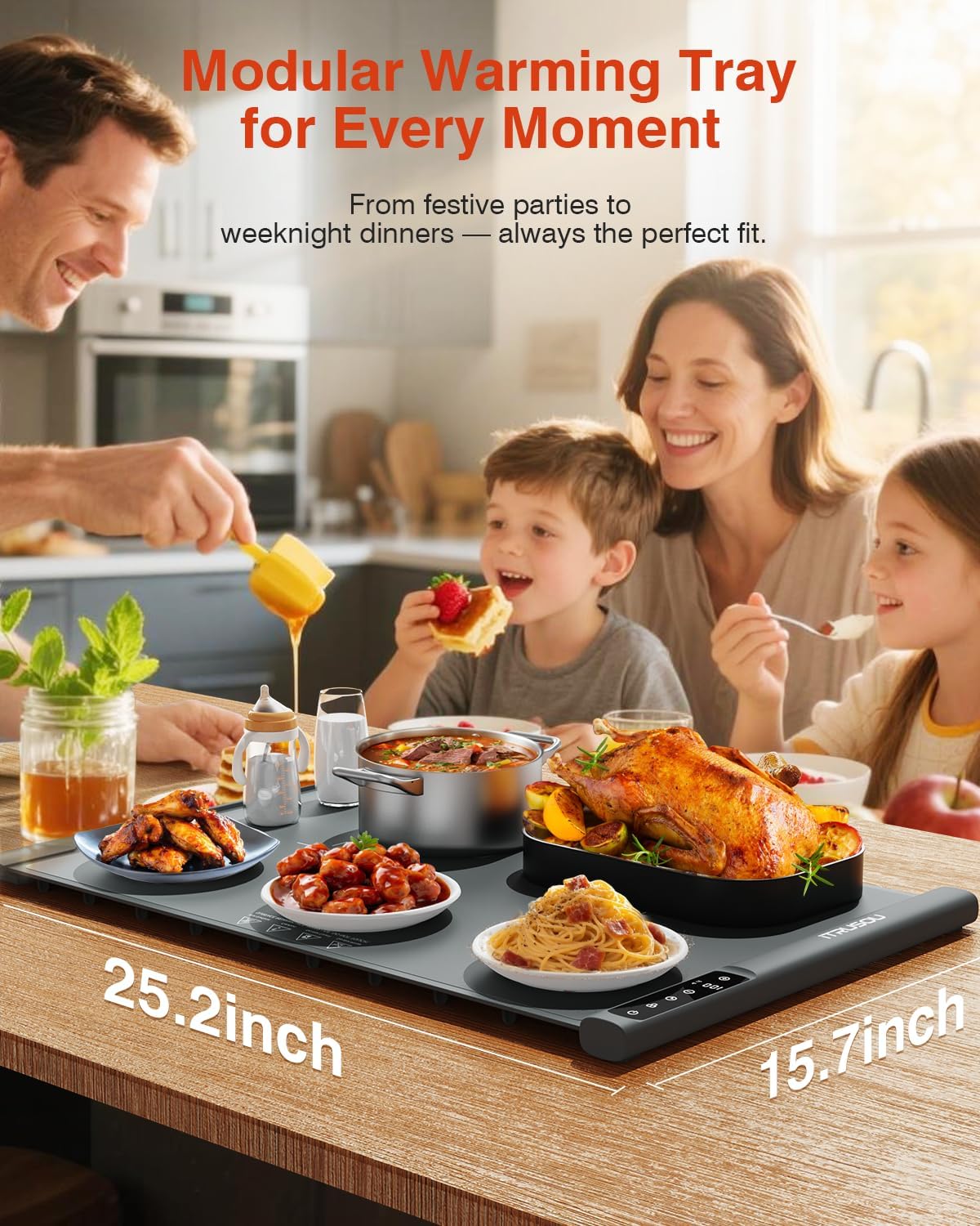 Family enjoying a meal served on an extended iTRUSOU Food Warming Mat.