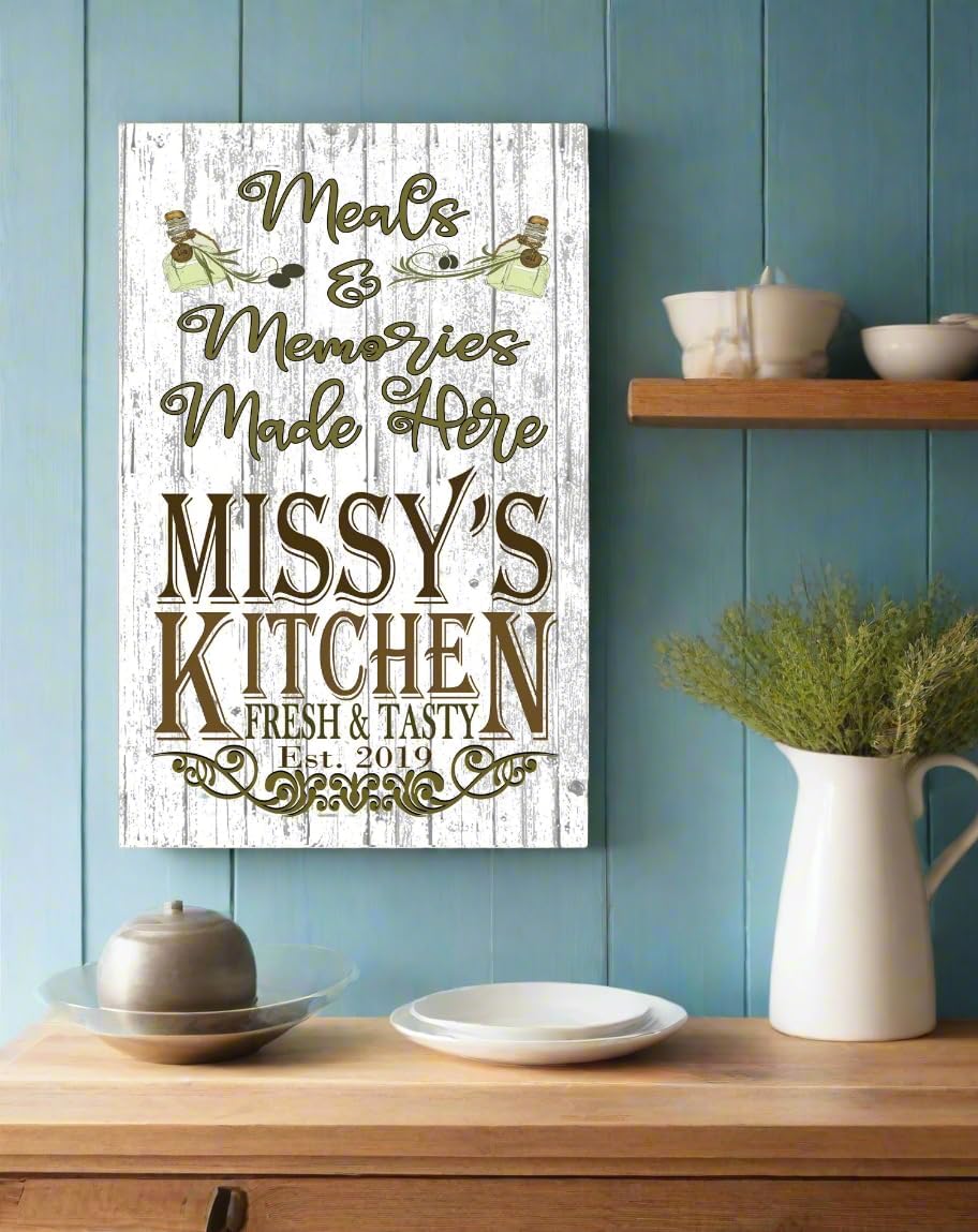 Meals & Memories Made Here Kitchen Sign Personalized Rustic Name Signs Custom Decor Gift For Him or Her - 16.5" x 10.5" (Memories Made Here)