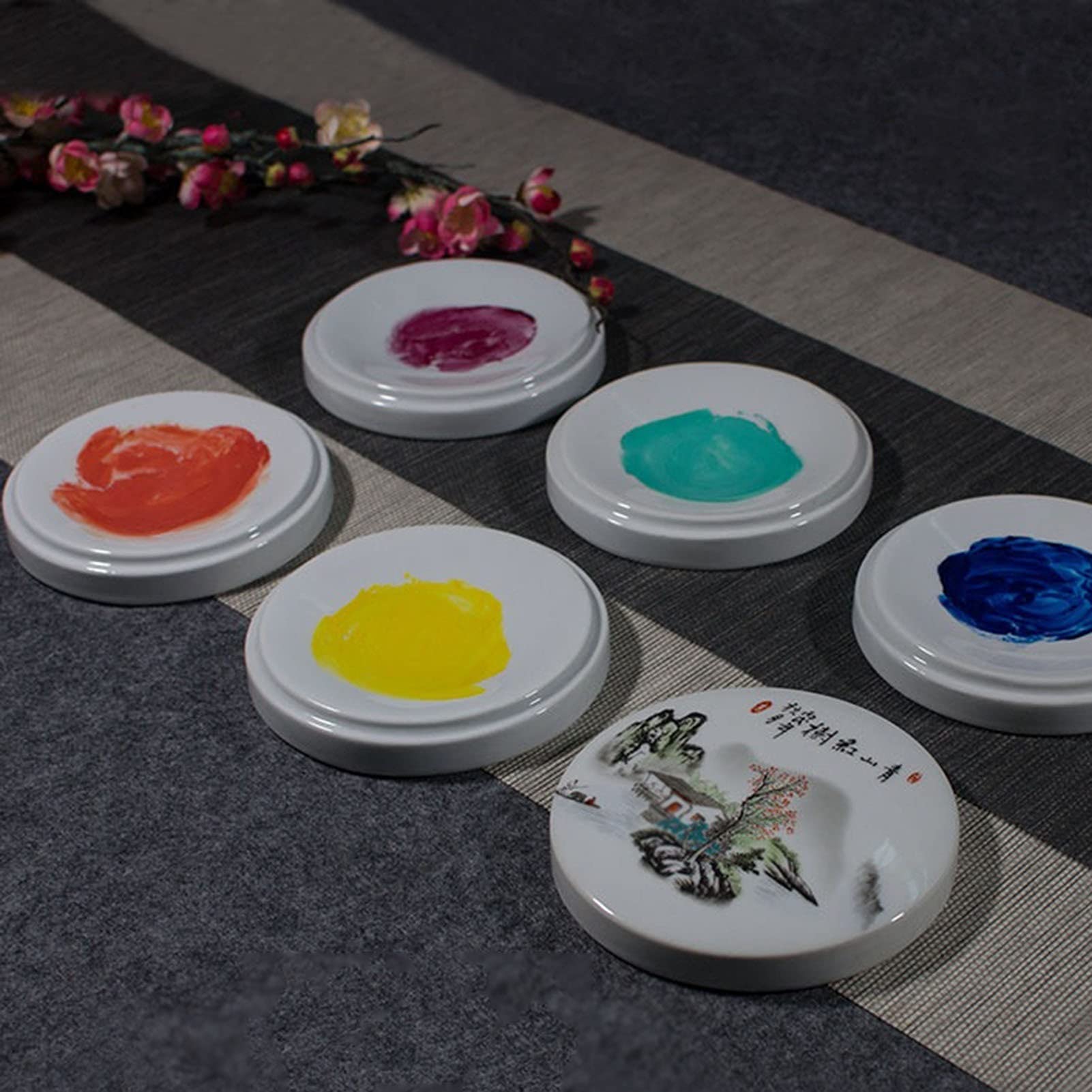 Płaska paleta do mieszania farb, Płaska ceramiczna paleta farb biała z pokrywką do chińskiej farby akwarelowej gwasz
