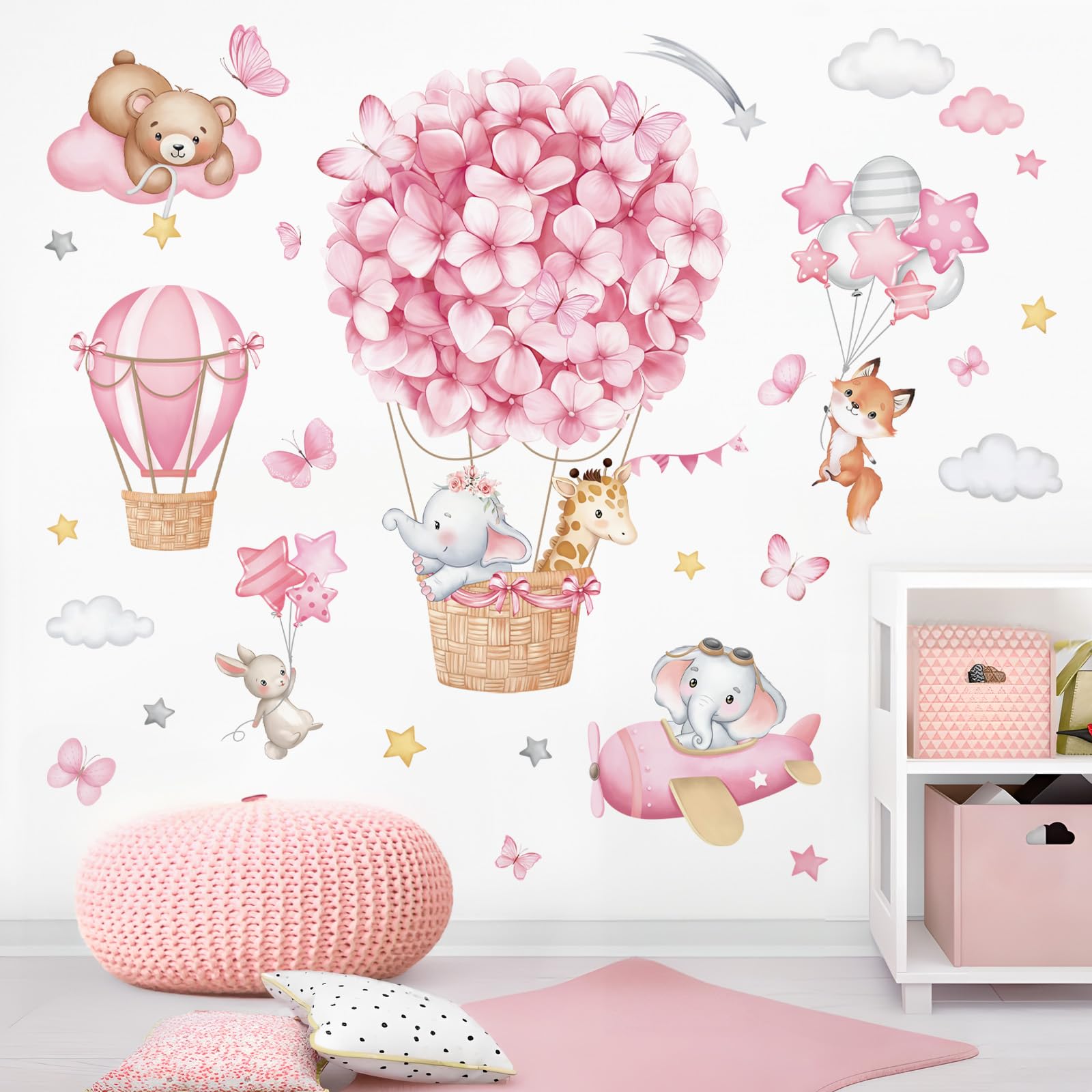 wondever Animals Hot Air Balloon Wall Stickers Flowers Elephant Giraffe Bear Airplane Wall Art Decals for Girls Room Baby Nursery Kids Bedroom - Image 3