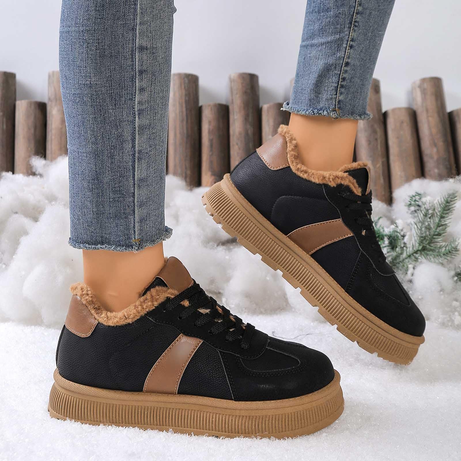 Bottes de Neige Femme Plate Bottes Femme Hiver Chaudes Fourrées Basket Chaussure Hiver en Cuir Imperméable Bottine Botte de Neige Antidérapante Snow Boots Fourrées Bottines Chaussures de Randonnée Ski