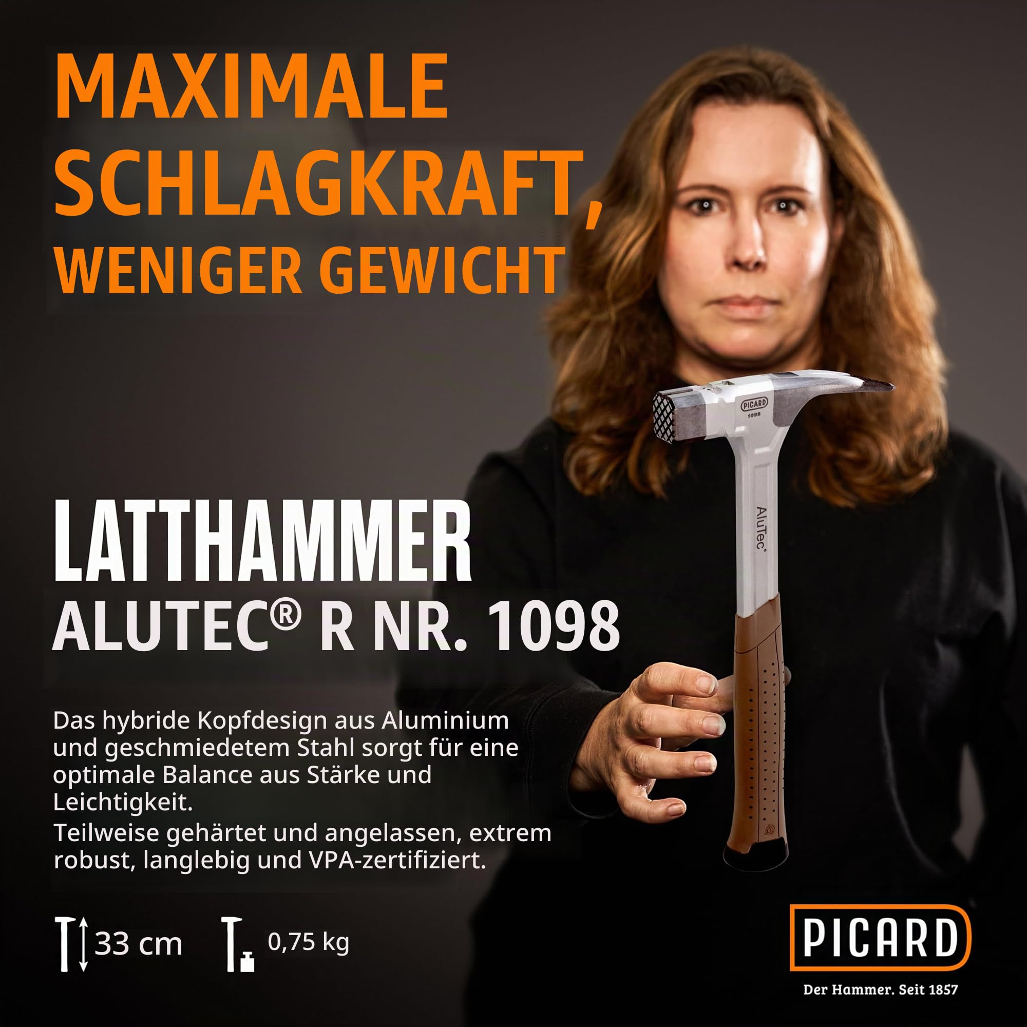 Picard Hammerhammer AluTec | Aluminium & geschmiedeter Stahl | Hybridkopf | Magnetischer Nagelhalter | Ergonomischer Griff | GS geprüfte Sicherheit | VPA zertifiziert