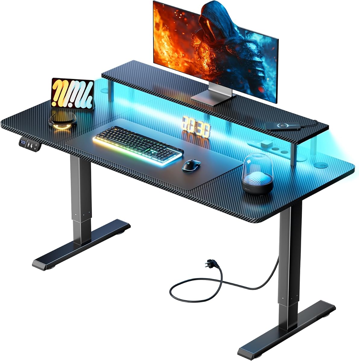 HLONONE Höhenverstellbarer Schreibtisch mit LED und Steckdose, Gaming Tisch | 140 x 60 cm, 3 AC-Anschlüsse, 3 USB-Anschlüssen, Monitorständer & Memory Funktion, Kohlefaseroberfläche Schwarz