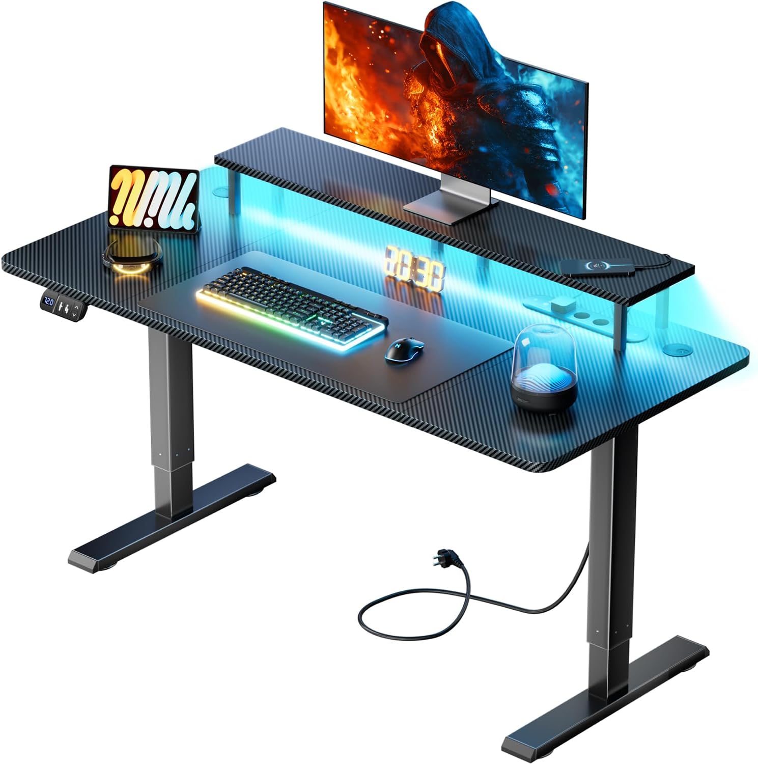 HLONONE Height-adjustable desk with LED 160 x 60 cm gaming table height adjustable with 3 sockets and 2 USB electric desk with monitor stand and functional memory black