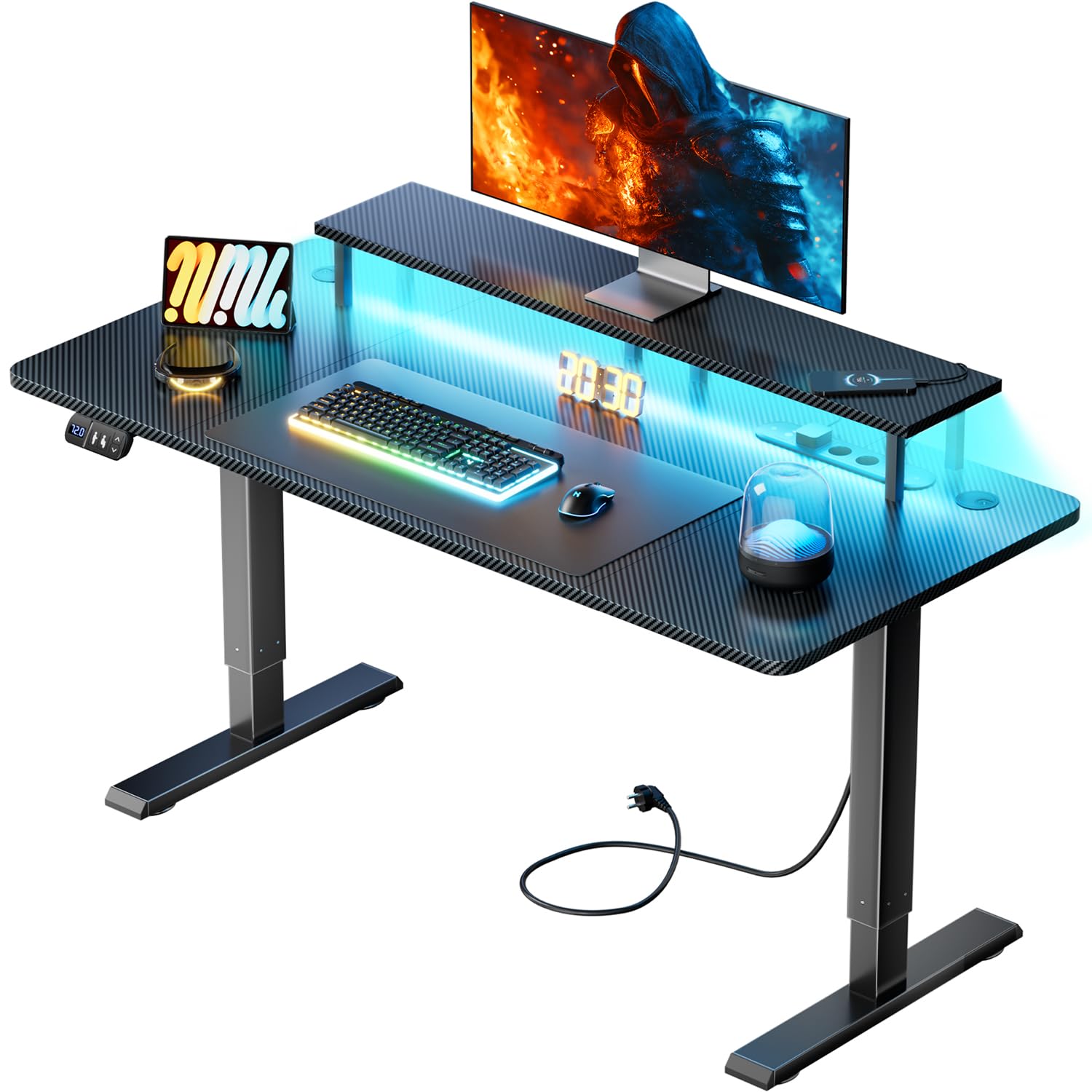 HLONONE Höhenverstellbarer Schreibtisch mit LED, 160 x 60 cm Gaming Tisch Höhenverstellbar mit 3 Steckdosen & 2 USB, Elektrischer Schreibtisch mit Monitorständer & Funktions-Memory, Schwarz
