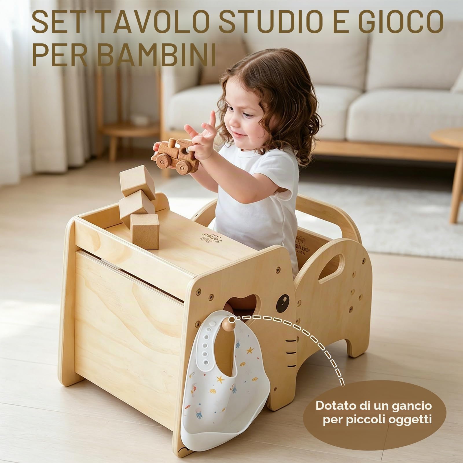 Lehoo Castle Set tavolo e sedia per lo svezzamento Montessori per bambini da 1 a 3 anni | Altezza regolabile, mobili in legno per attività del bambino, auto-alimentazione, disegno, apprendimento e gioco