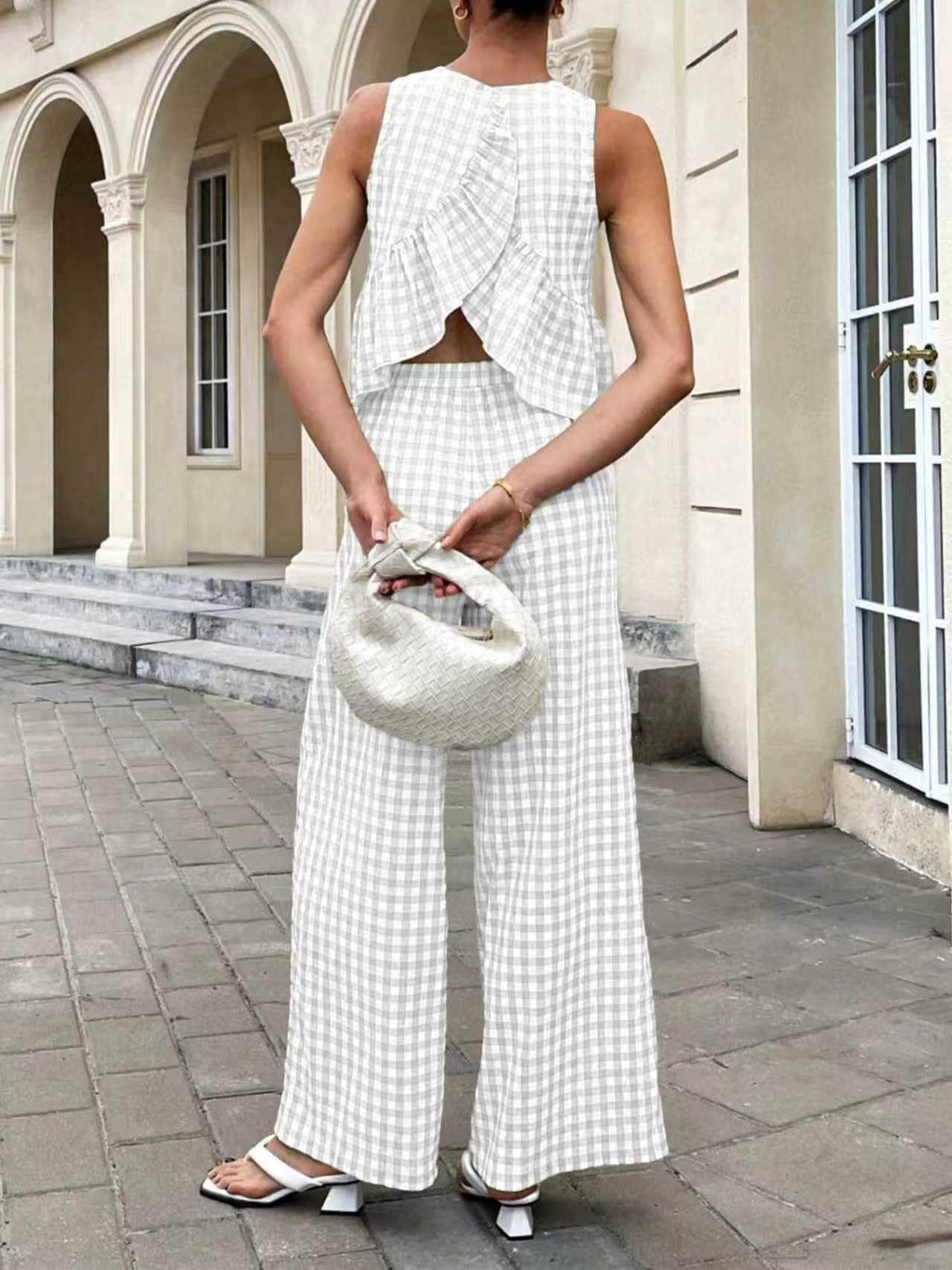 Generale Completo Due Pezzi Donna Estate 2026 Vichy Canotta e Pantalone Largo Vita Elastica, Outfit Casual con Tasche