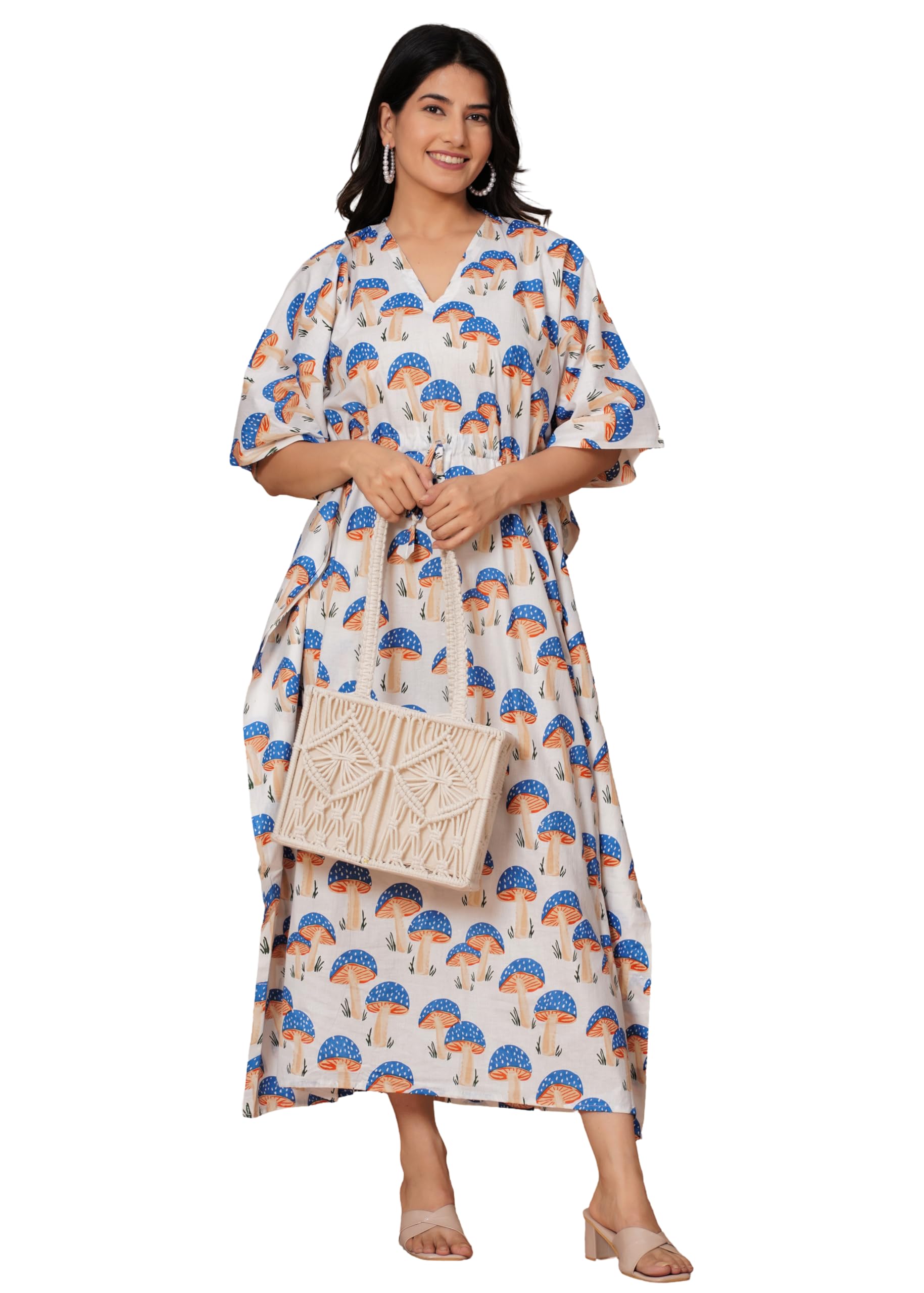 INDACORIFY Caftan imprimé d'été 100% coton robe de nuit robe de plage de vacances couvrir vêtements de détente pour femmes