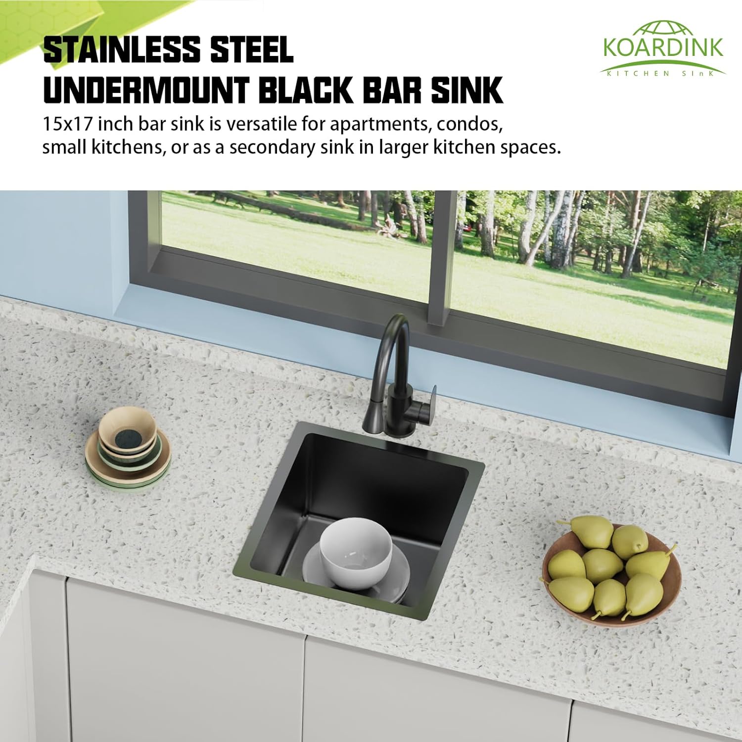 black 15x17 in undermount kitchen and bar sink- stainless steel single bowl kitchen sink modern drop in bar sink with silicon mat,drain strainer set compatibility with various kitchen & bar style 15x17 black