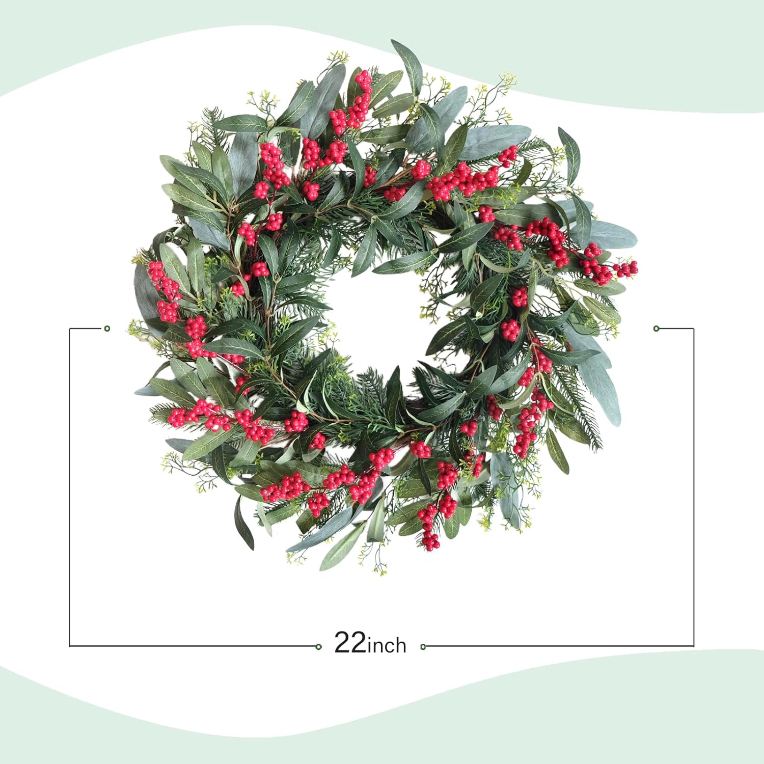 TEMPUS 22 Inch Rustic Winter Wreath with Curly Willow Branches, Pine Needles & Red Berries – Handmade Rattan Base for Front Door Decor, Farmhouse Wall Hanging, Indoor Holiday Greenery