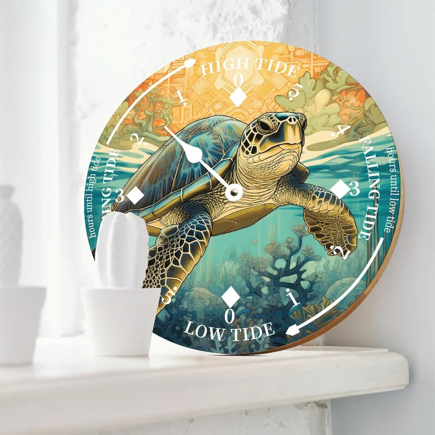 Sea Turtle Farmhouse Wood Tidal Clock East Coast Ocean Time Nautical Moon Wooden Clock High and Low Tide Clock Decoration for Beach House Home Sailing Gifts 15 Inch