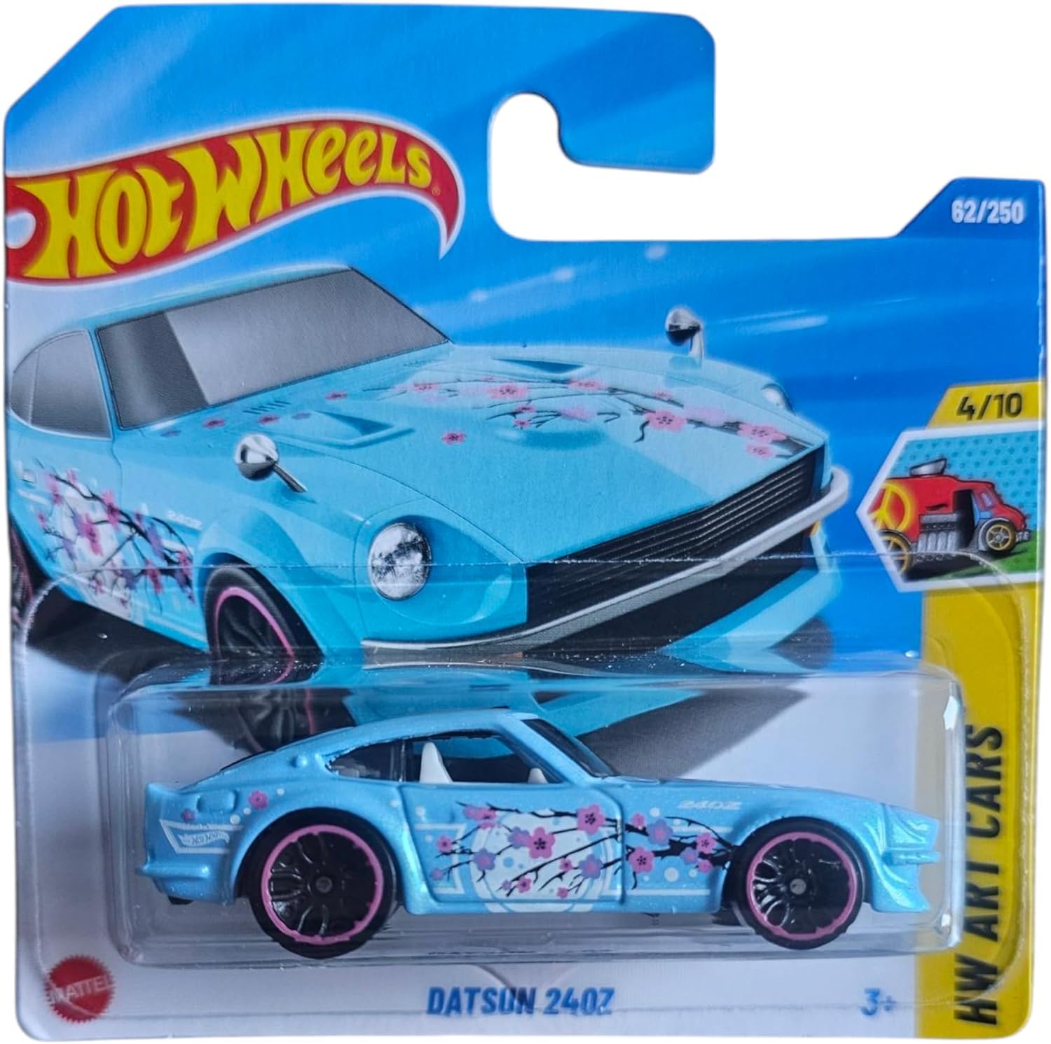 Hot Wheels Datsun 240Z, Cherry Blossom Design, Blue with Pink Rims, 62/250 Collection