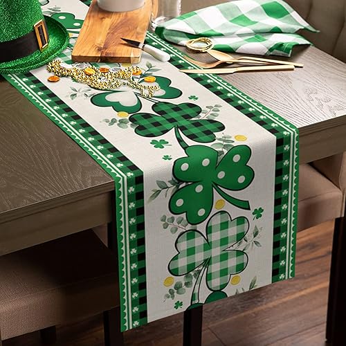 Miniatura 4 de Camino de mesa del día de San Patricio camino de mesa de café hojas de trébol verdes a cuadros camino de mesa de comedor bufandas para cocina boda