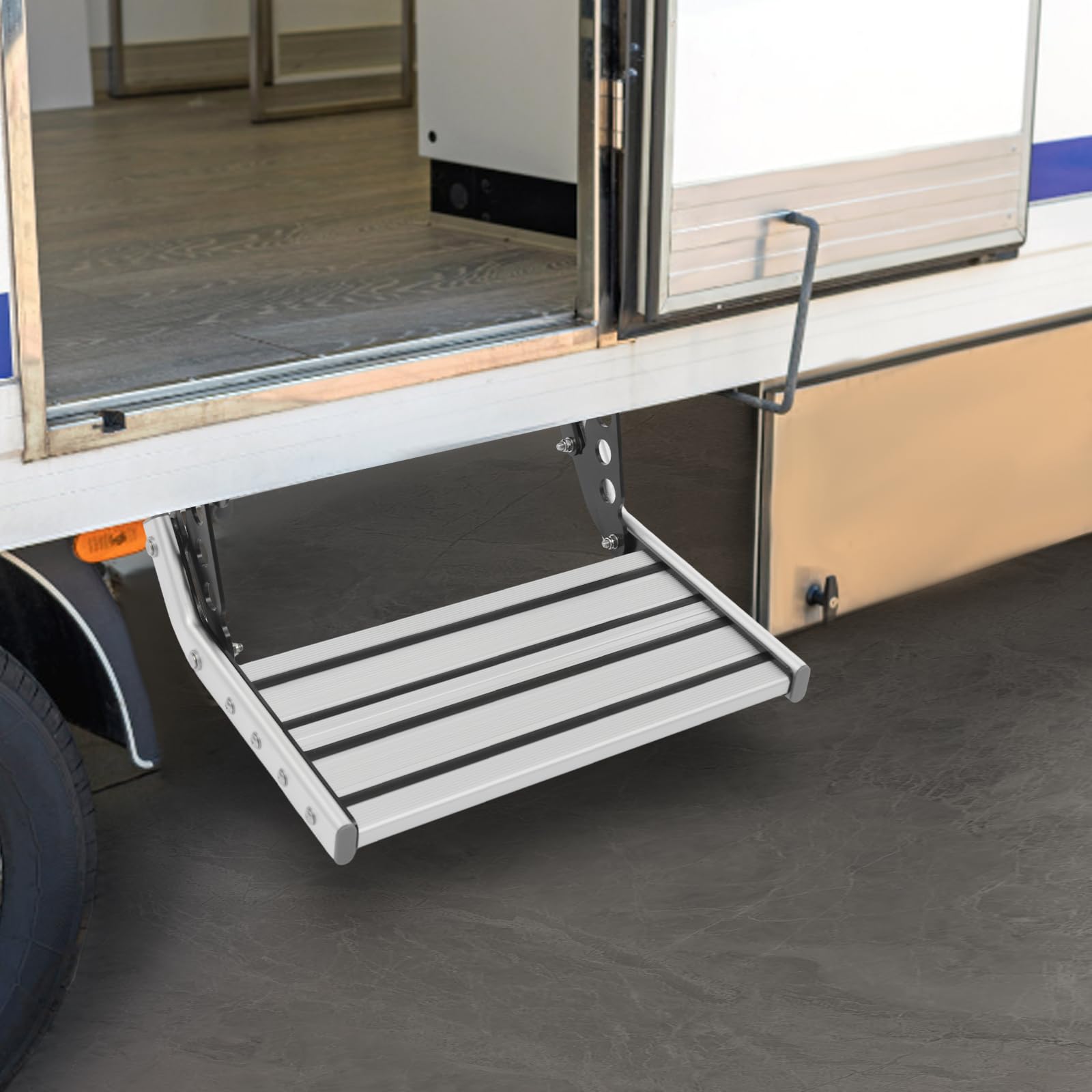 Gradino manuale per camper, pieghevole, in alluminio, con luce LED, 150 kg | Raccordi per gradini, illuminazione da 12 V e design pieghevole salvaspazio, con superficie antiscivolo, per roulotte, camper