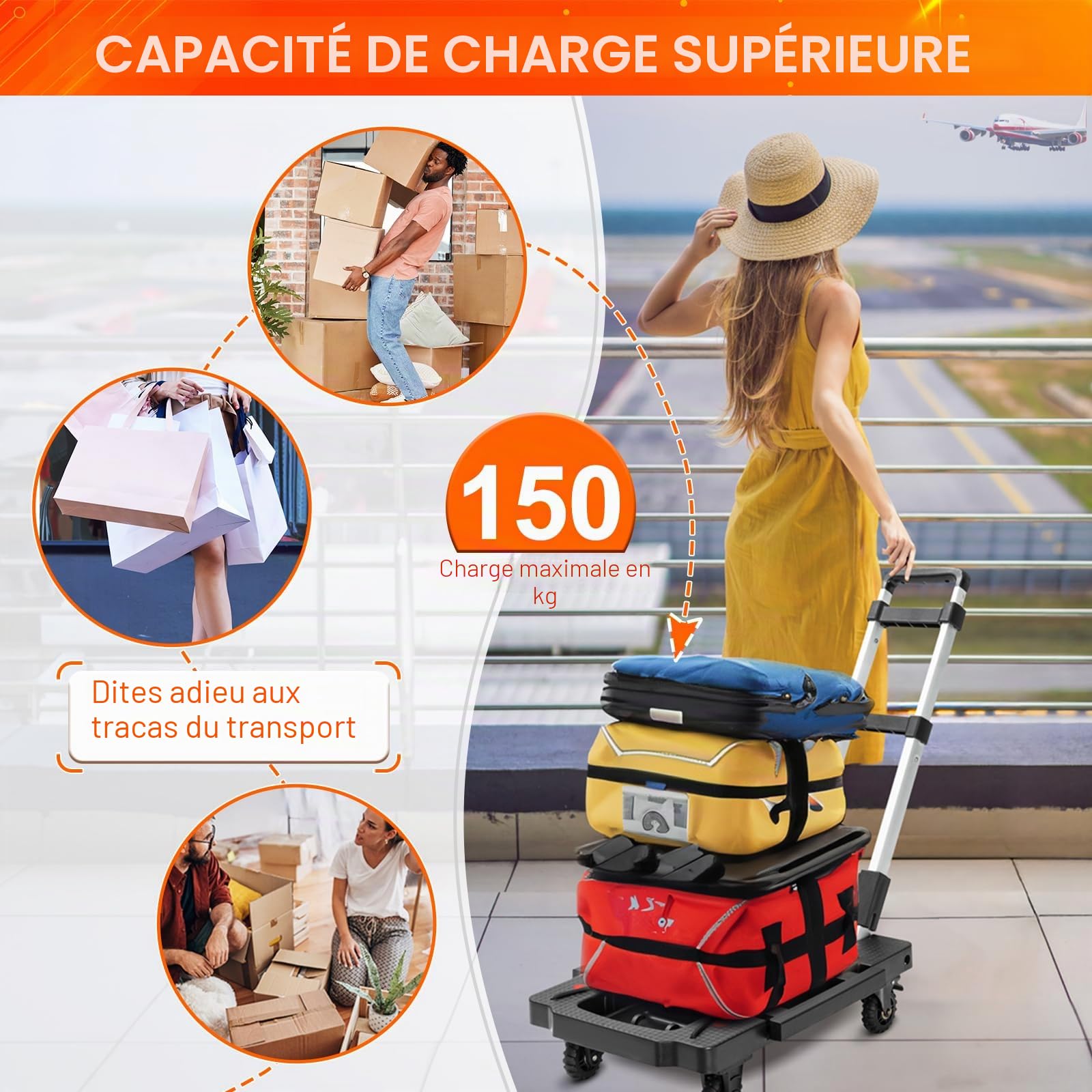 Chariot Plateforme Pliable, Chariot de Transport Max.150kg, Diable Pliable avec 5 Roues et 2 Sangles, Poignée Télescopique, roulettes Pivotantes à 360° avec Frein, Revêtement Antidérapant