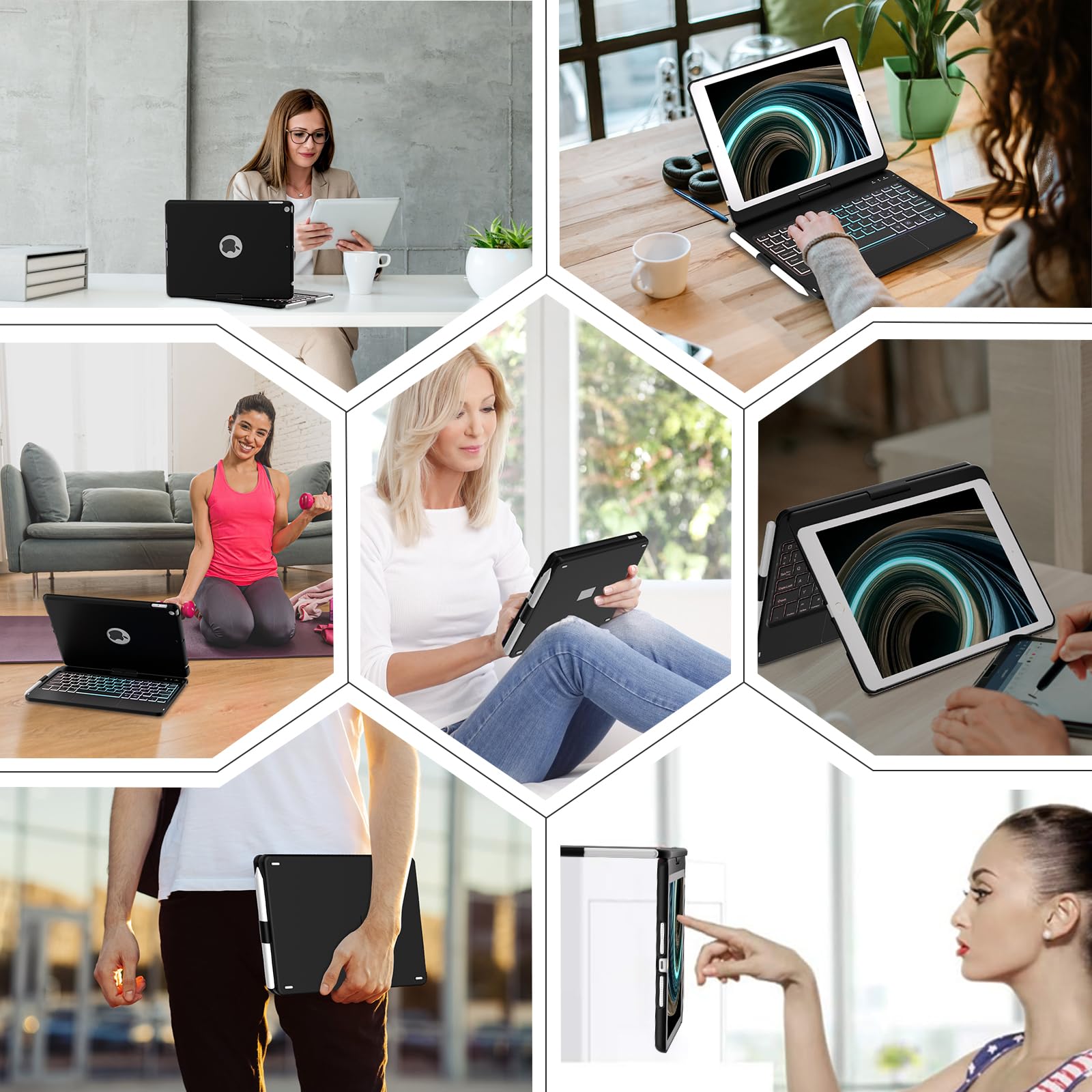 TQQ Tastatur Hülle für iPad 10.2 Zoll (7., 8. und 9. Generation) mit Präzisions-Trackpad, Notebook-ähnlicher Tastatur mit 10-Farbige Hintergrundbeleuchtung, 360° Drehbar, Deutsches QWERTZ-Layout