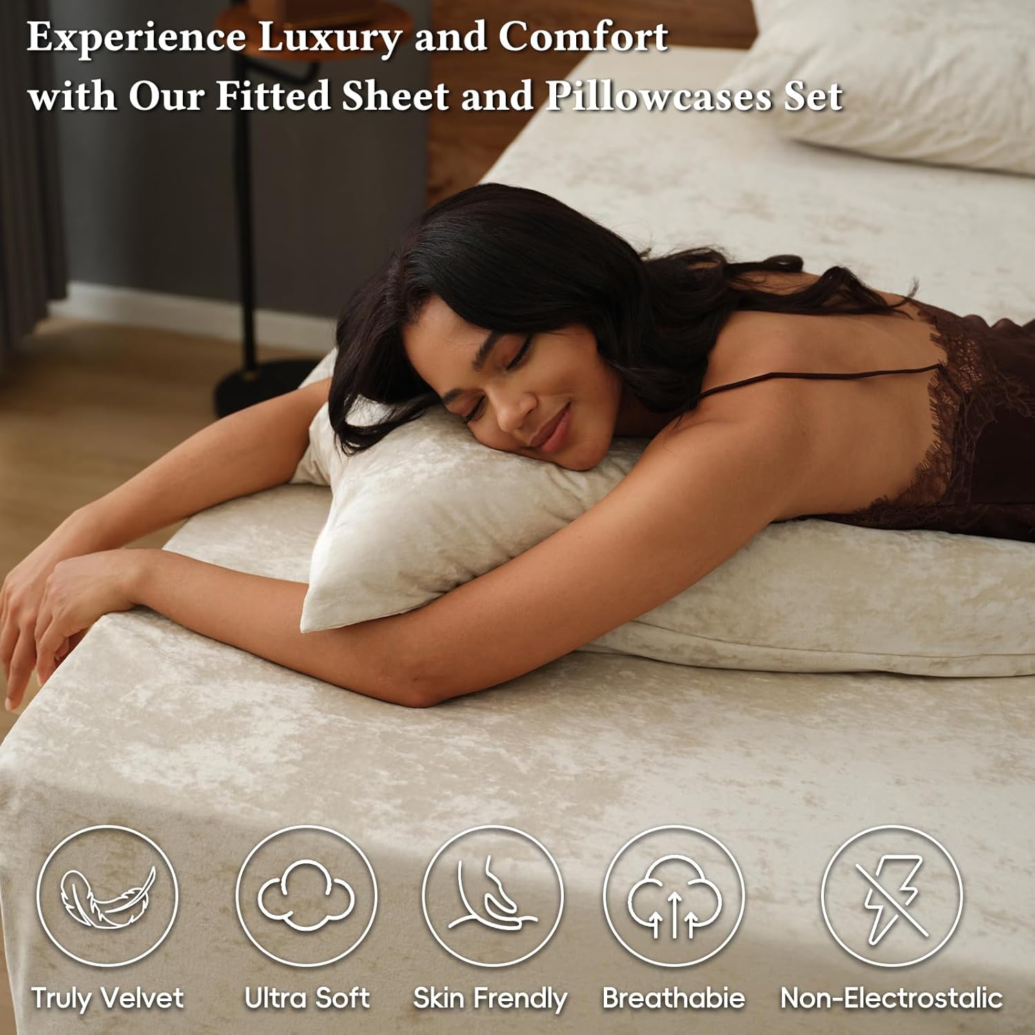 David's Home Velvet Fitted Sheet and Pillowcases Set Queen Size, Extra Deep Pocket up to 18", Soft Plush Fleece Bottom Sheet with Side Pocket & Elastic Corner Straps, Fall Winter, French Oak