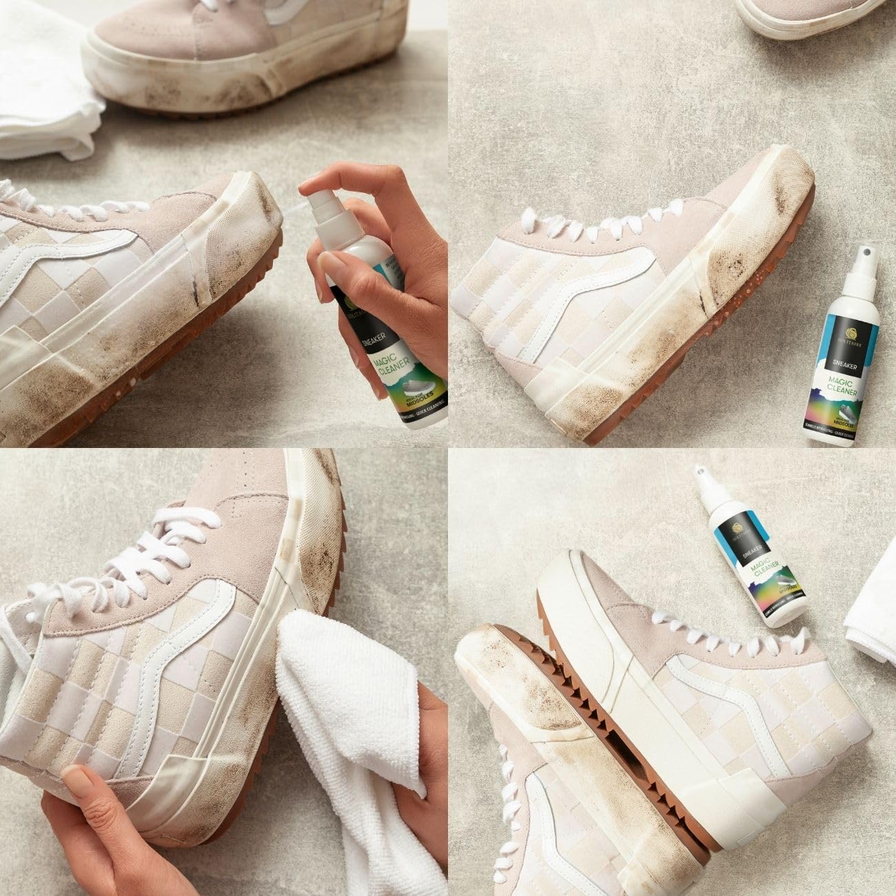 SOLITAIRE Magic Cleaner Reinigungs Set, 2x Magic Cleaner 100 ml + GRATIS Microfasertuch, Sneaker Bürste und Schwamm, Sneaker Starter Set, Schuhputzset, Made in Germany