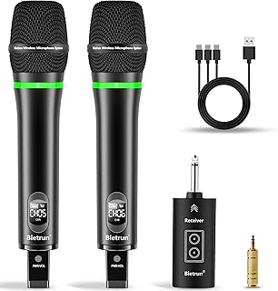 Rechargeable Wireless Microphone for Singing, Karaoke,Dual Metal Cordless Handheld Dynamic Wireless Mics with 32FT Bluetooth, UHF 240FT Range for 1/4'',1/8''Output,PA System,Dj,Mixer,Church