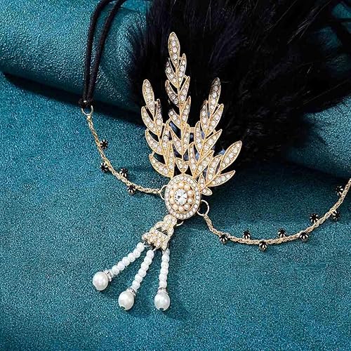 Miniatura 3 de Foyte Diadema de flapper de los años 20, perla, pavo real, plumas negras, bandas para la cabeza, joyas, hojas, diamantes de imitación, accesorios de