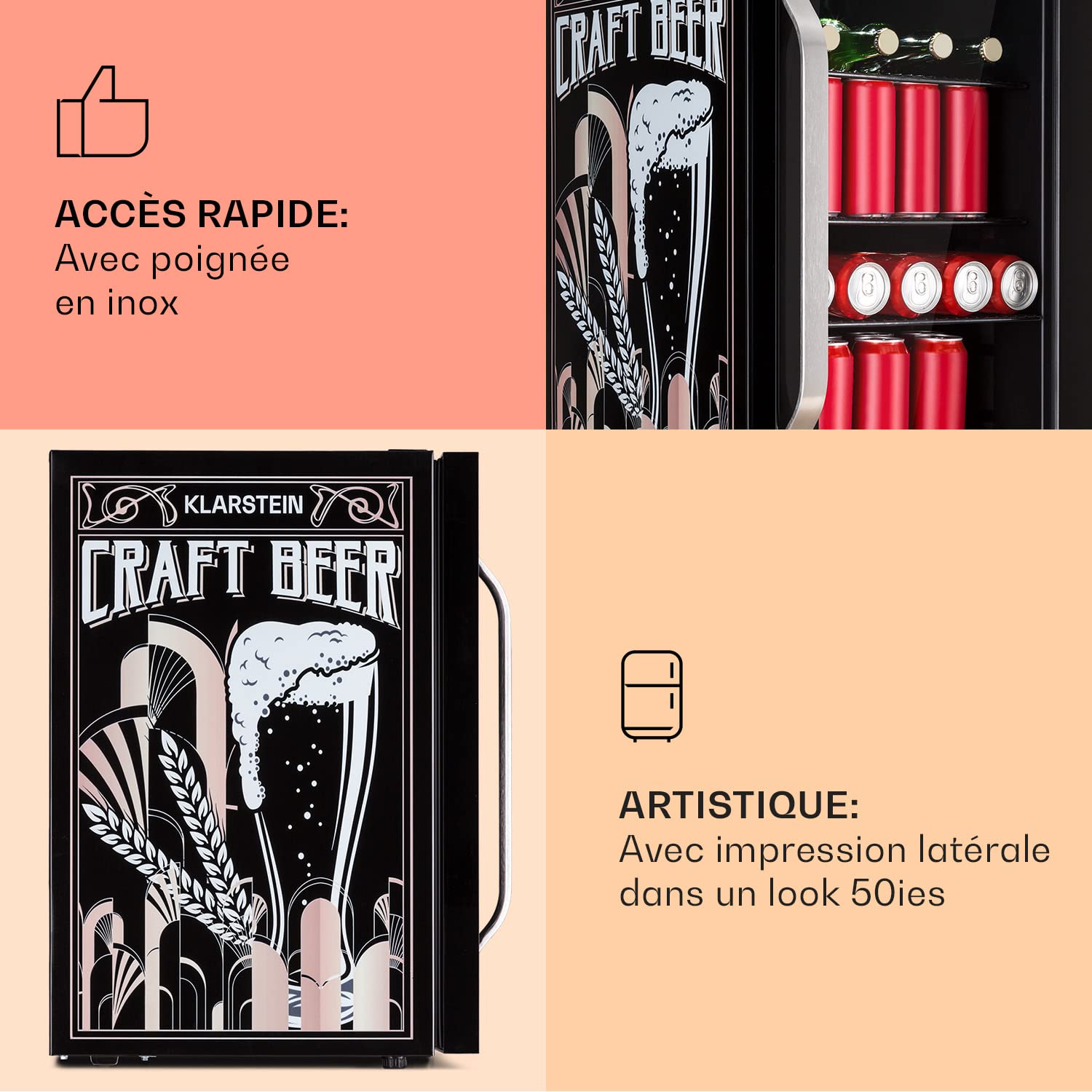 KLARSTEIN Réfrigérateur 70L, Mini réfrigérateur silencieux avec étagères amovibles, porte vitrée & LED, Adapté à l'extérieur, 0-10°C