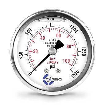1500 PSI Liquid Filled Pressure Gauge, 2.5" Dial, 1/4 NPT Back Mount, 316 SS Case, 316 SS Wetted Parts, Dual Scale PSI/Bar - ASME B40.1 Grade A