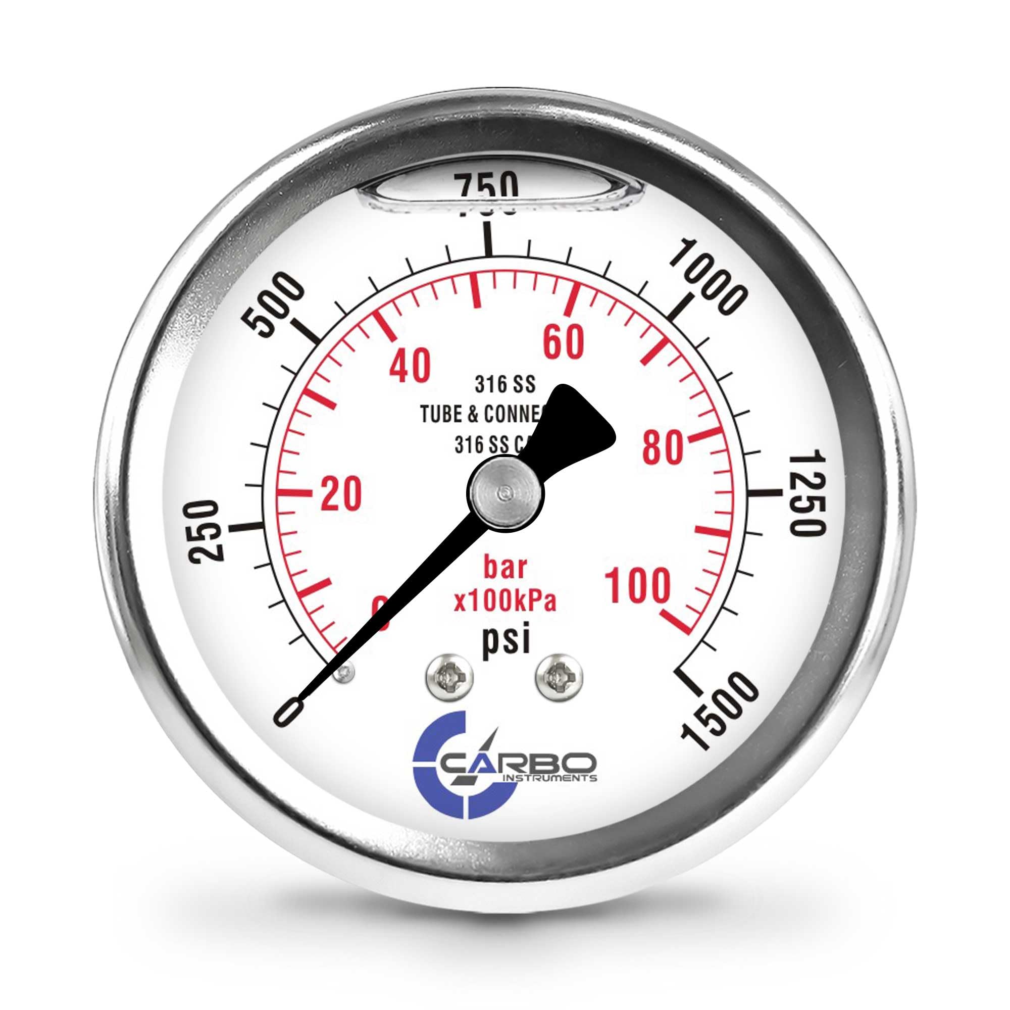 CARBO Instruments 2 1-2" Pressure Gauge, All Stainless Steel Wetted Parts, Case, Connection, Liquid Filled, 0-1500 psi/kPa, Back Mount 1/4" NPT