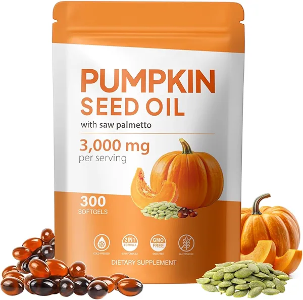 Pumpkin Seed Oil with Saw Palmetto Capsules - Organic Pumpkin Seeds Oil Supplement - Cold Pressed, Pure Virgin оil - Supports Hair, Urinary, Bladder & Prostate Health,Vegan, Non-GMO, 300 Softgels