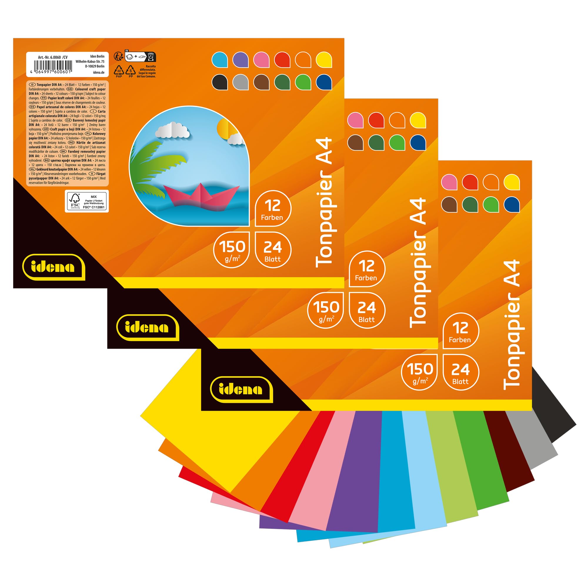 Idena 90257 - Tonpapier DIN A4, 3 Blöcke mit je 24 Blatt Bastelpapier in 12 strahlend schönen Farben, 150 g/m², FSC-Mix