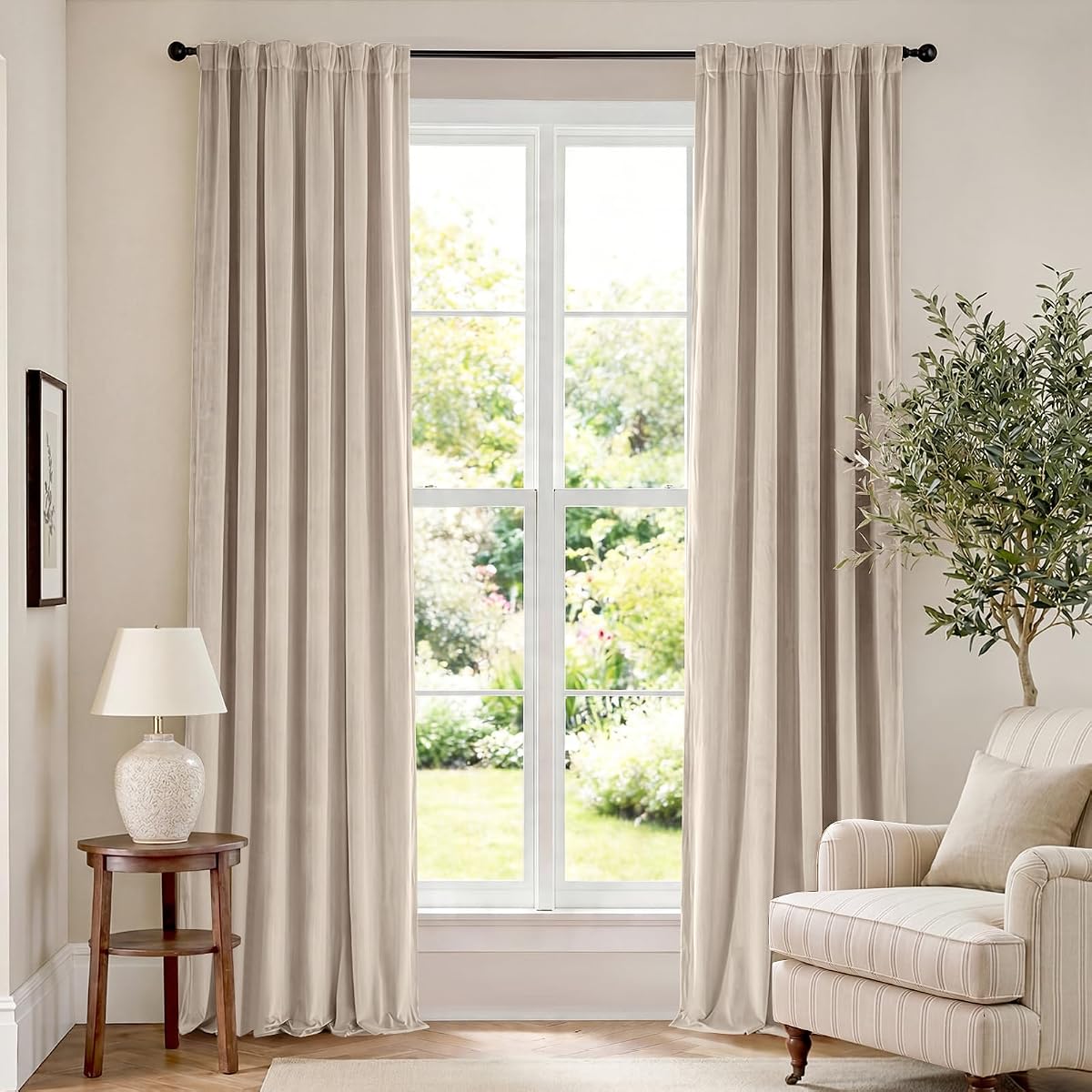 Beige Velvet Curtains Neutral Rod Pocket 52×90 Inch 2 Panels | Soft Velvet, Room Darkening, For Bedroom & Living Space, Light Shifting Texture, Elegant Drape, Cozy
