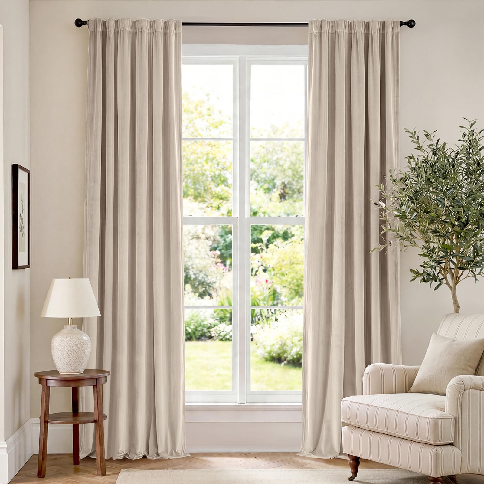 Lazzzy Velvet Blackout Curtains Thermal Insulated Room Window Drapes Super Soft Luxury Curtains for Living Room Bedroom Rod Pocket 2 Panels, Beige, 52" W x 90" L โ image 1